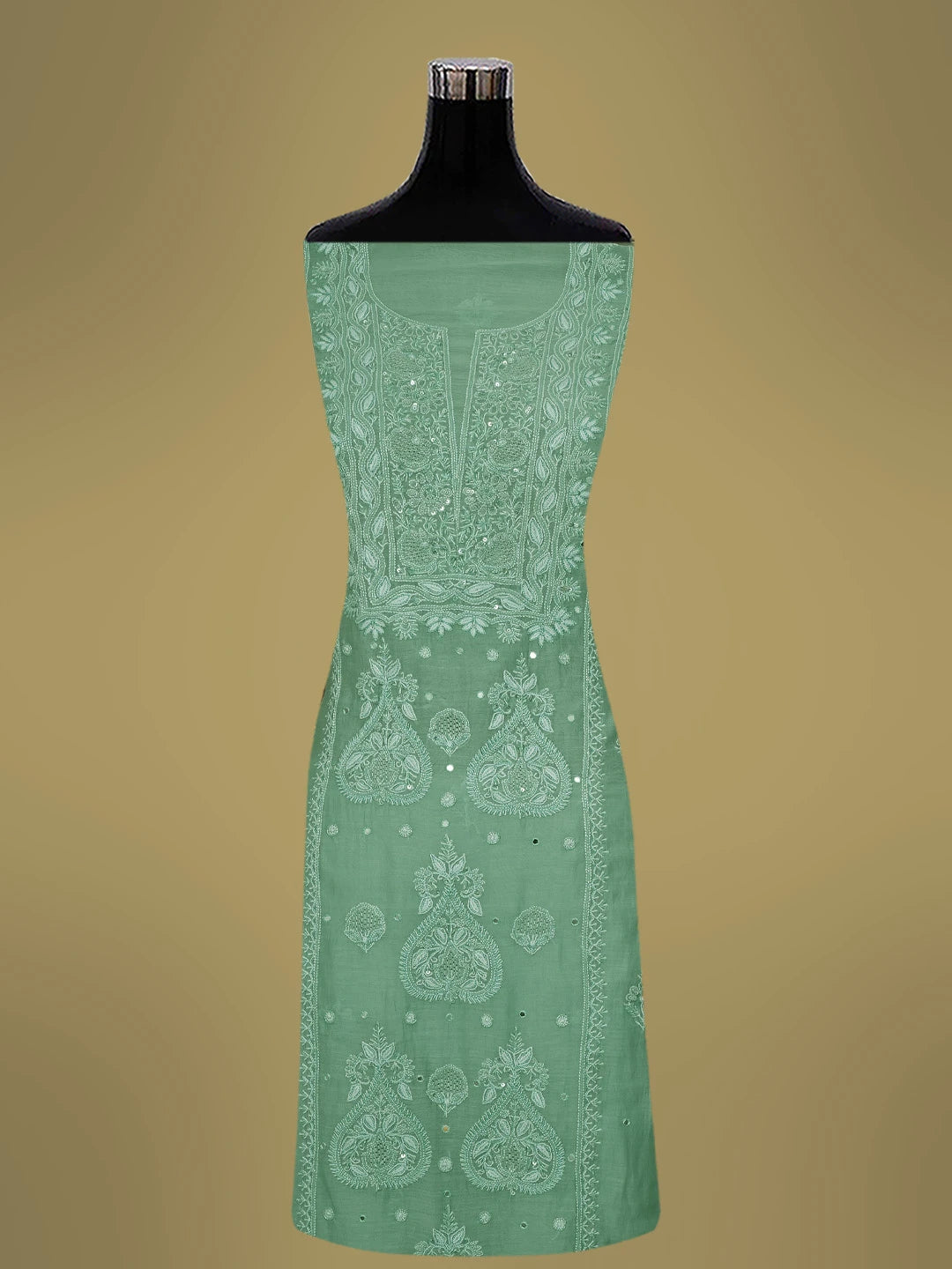Ada Hand Embroidered Pista Green Chanderi Lucknowi Chikankari Unstitched Kurta Dupatta Set With Cutdana Work 01A682763