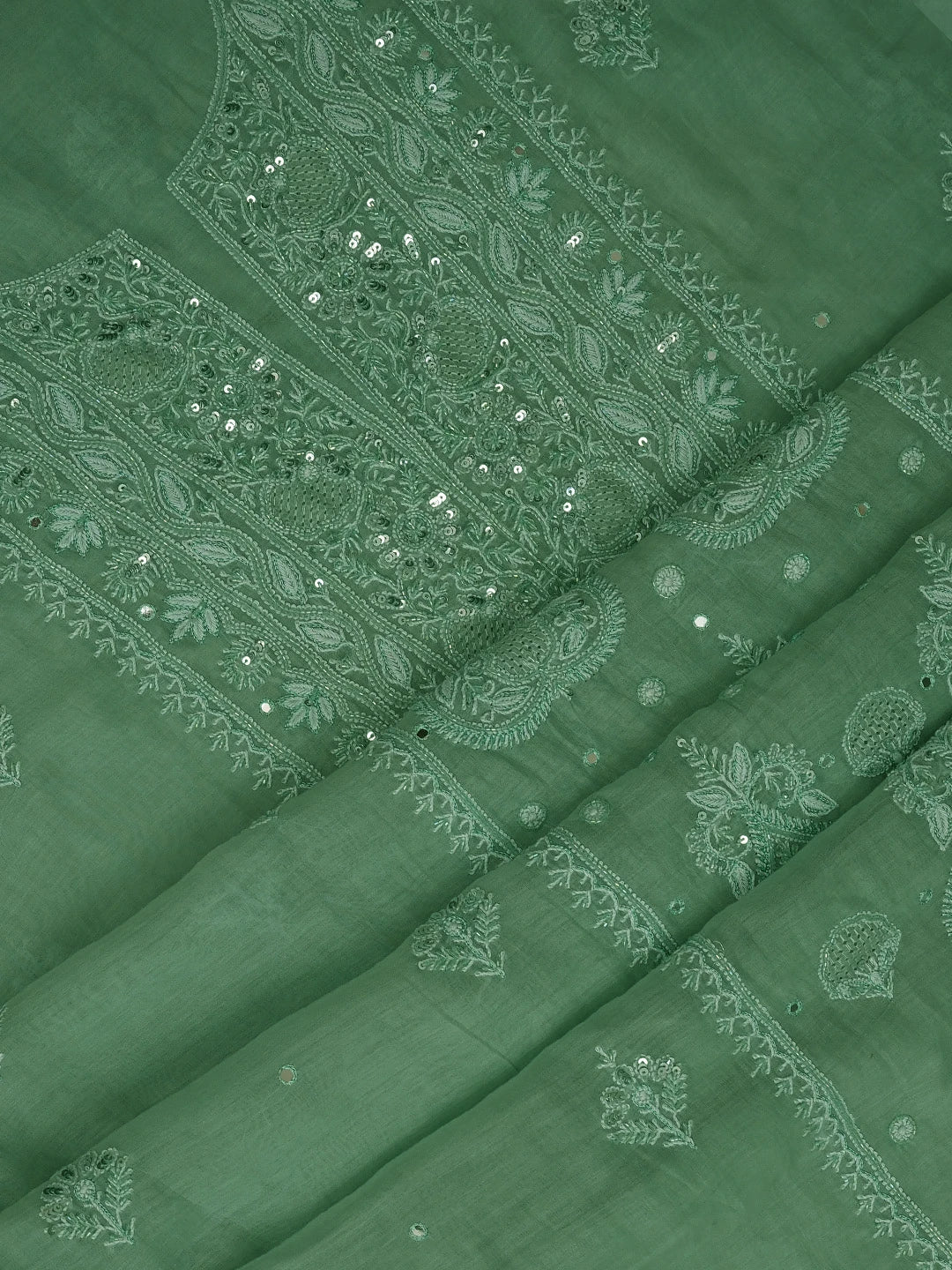 Ada Hand Embroidered Pista Green Chanderi Lucknowi Chikankari Unstitched Kurta Dupatta Set With Cutdana Work 01A682763