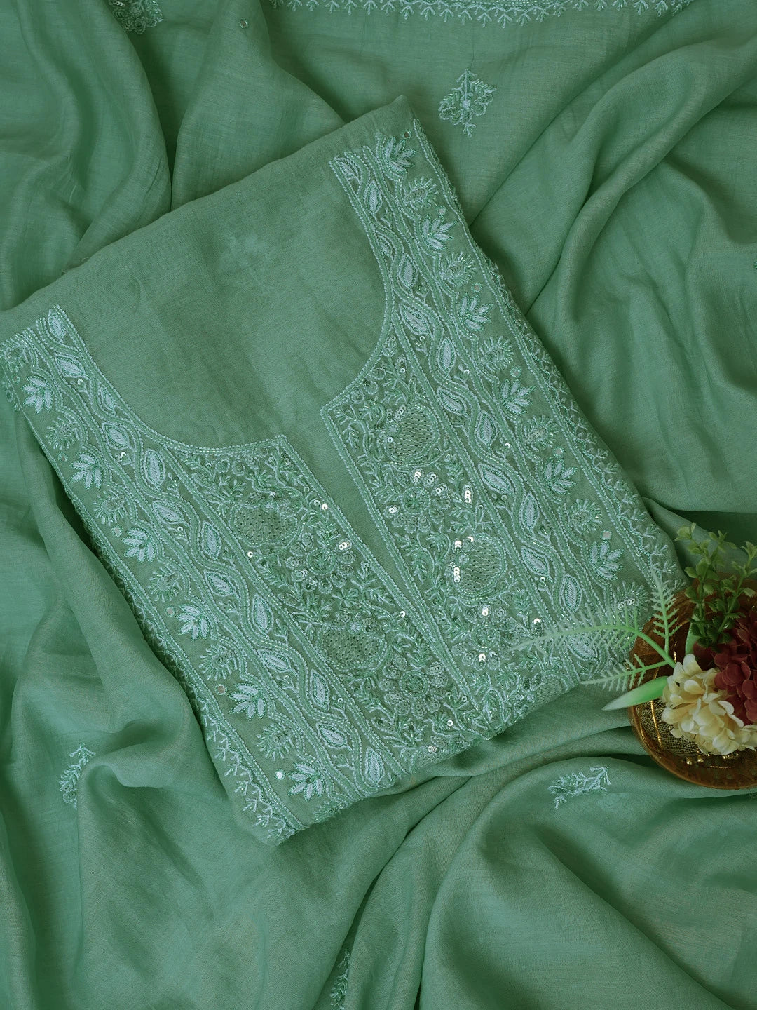Ada Hand Embroidered Pista Green Chanderi Lucknowi Chikankari Unstitched Kurta Dupatta Set With Cutdana Work 01A682763