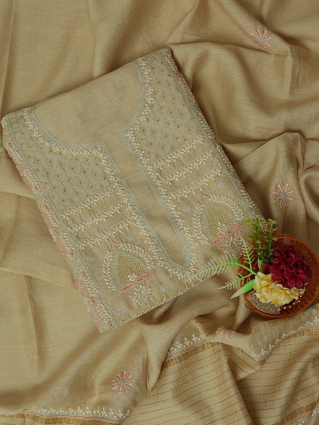 Ada Hand Embroidered Fawn Moonga Silk Lucknowi Chikankari Unstitched Kurta Dupatta Set 01A705192