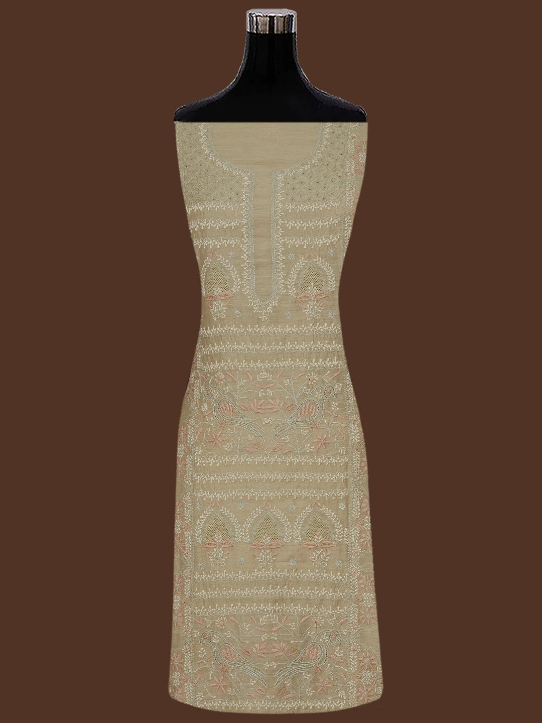 Ada Hand Embroidered Fawn Moonga Silk Lucknowi Chikankari Unstitched Kurta Dupatta Set 01A705192