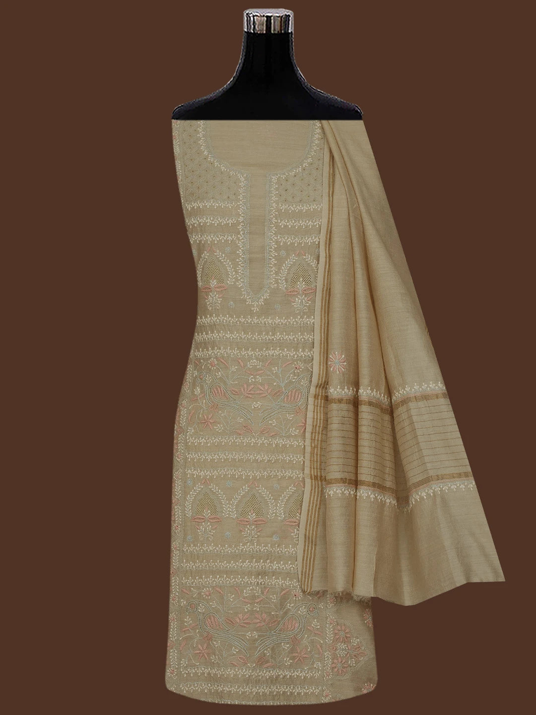 Ada Hand Embroidered Fawn Moonga Silk Lucknowi Chikankari Unstitched Kurta Dupatta Set 01A705192