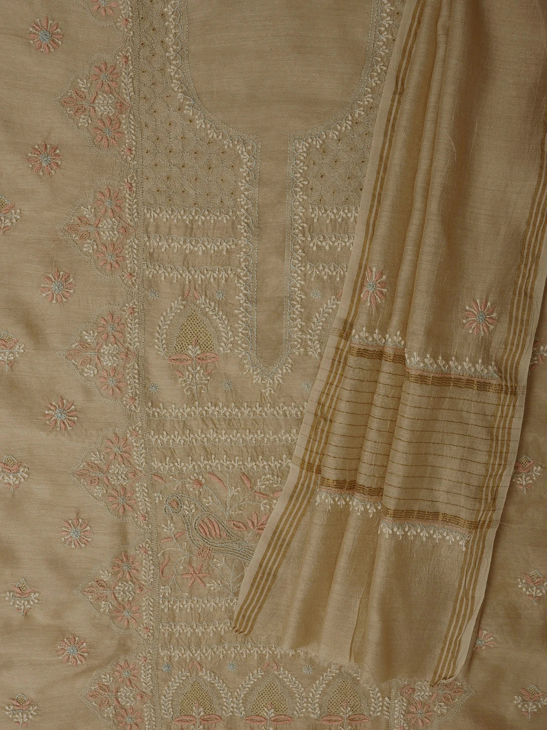 Ada Hand Embroidered Fawn Moonga Silk Lucknowi Chikankari Unstitched Kurta Dupatta Set 01A705192
