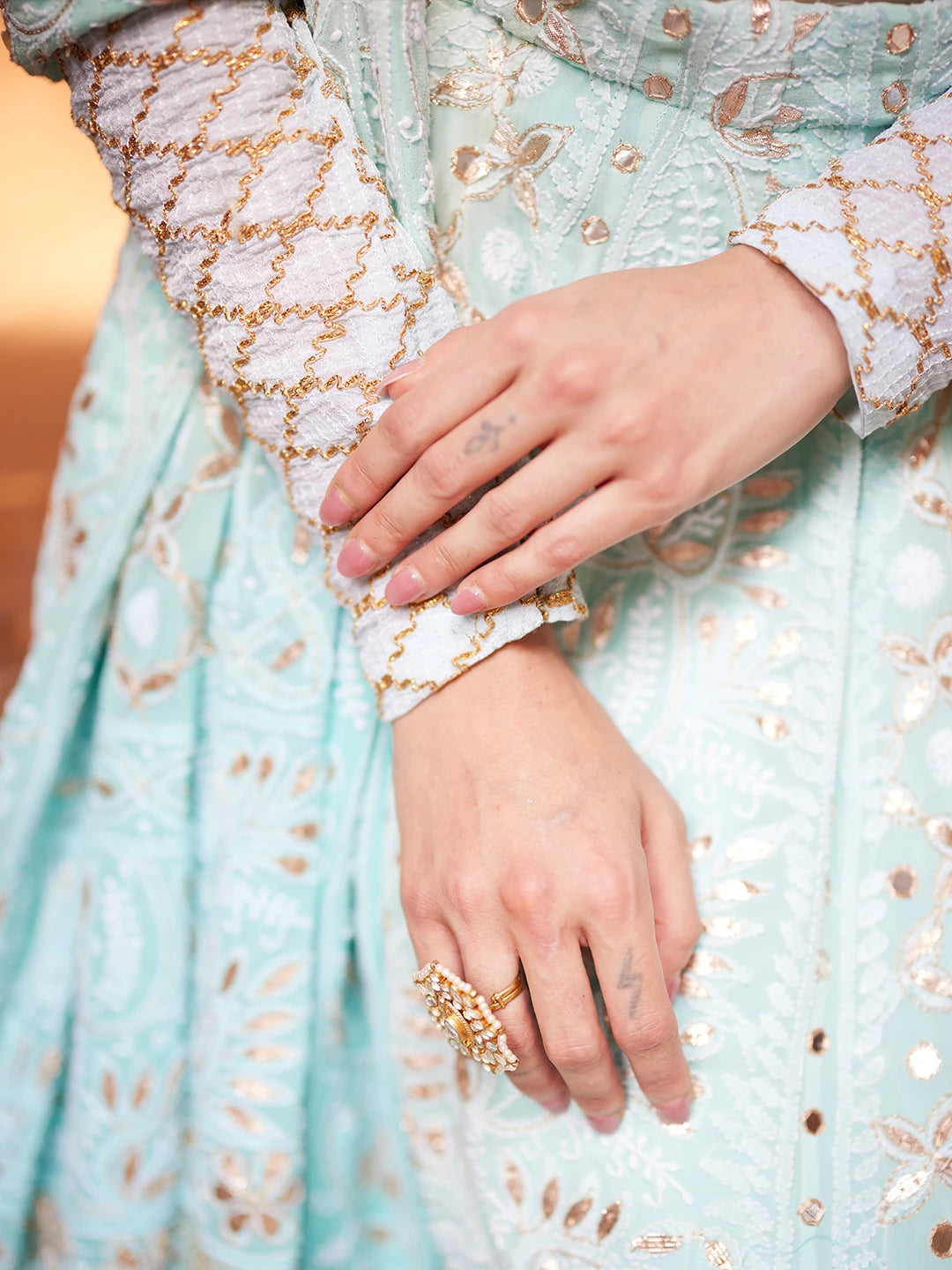 Ada Hand Embroidered Cyan Green Pure Georgette Lucknowi Chikankari Lehenga Set With Gotta Patti Work 01A403556