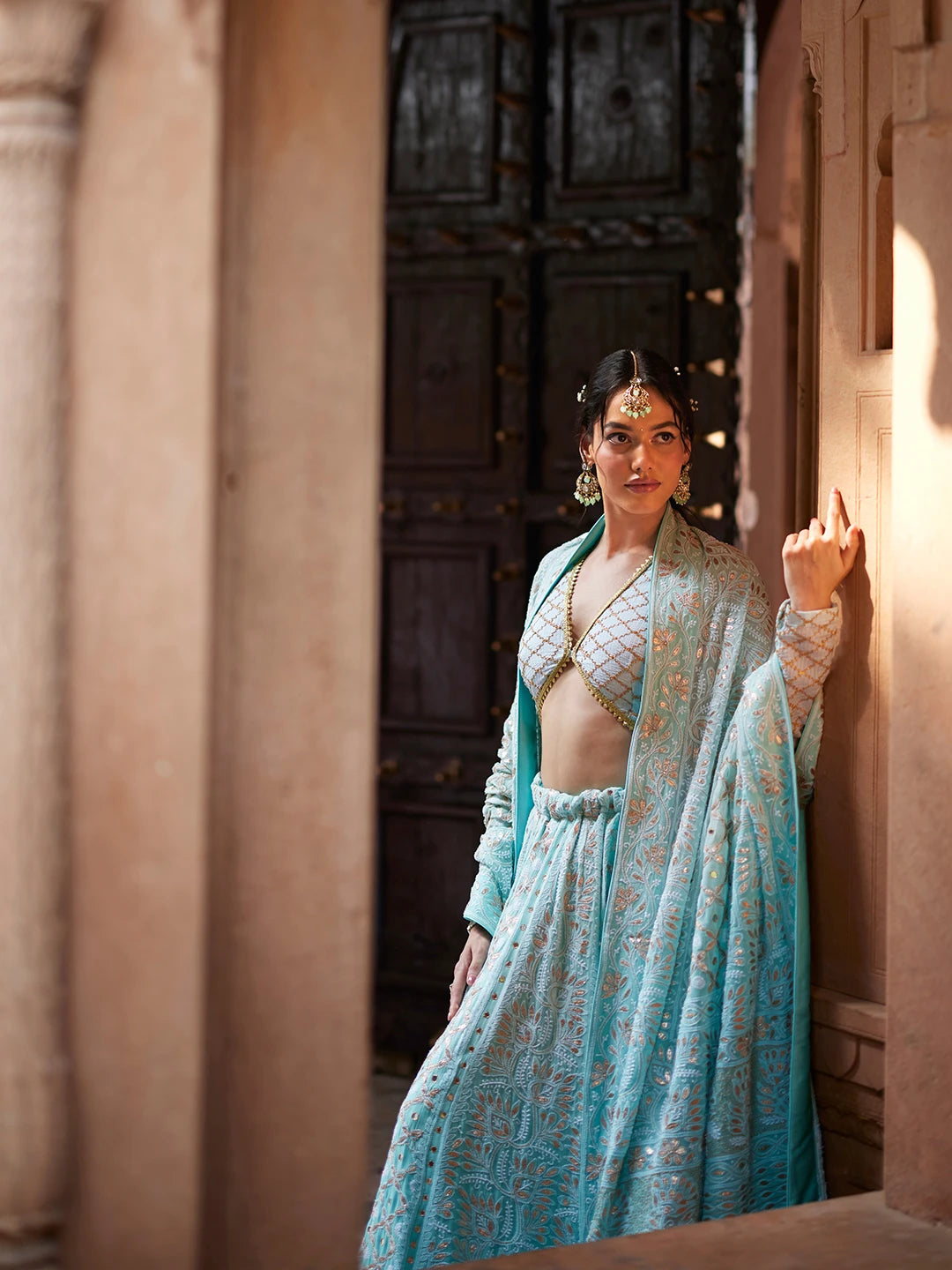Ada Hand Embroidered Cyan Green Pure Georgette Lucknowi Chikankari Lehenga Set With Gotta Patti Work 01A403556