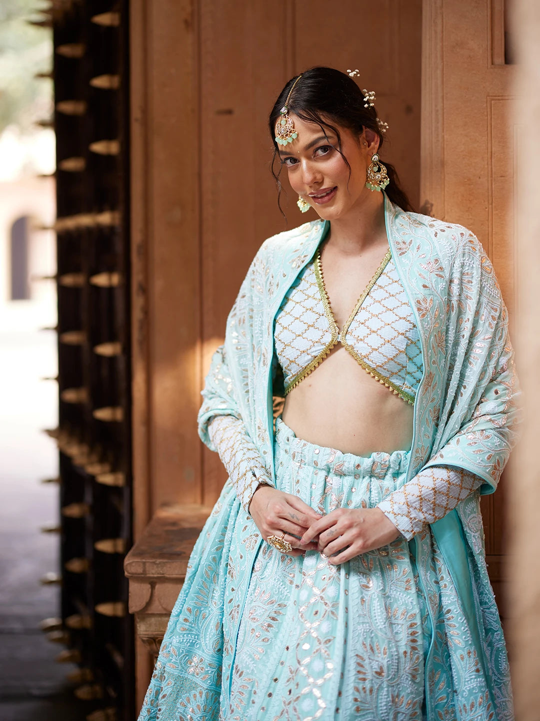 Ada Hand Embroidered Cyan Green Pure Georgette Lucknowi Chikankari Lehenga Set With Gotta Patti Work 01A403556