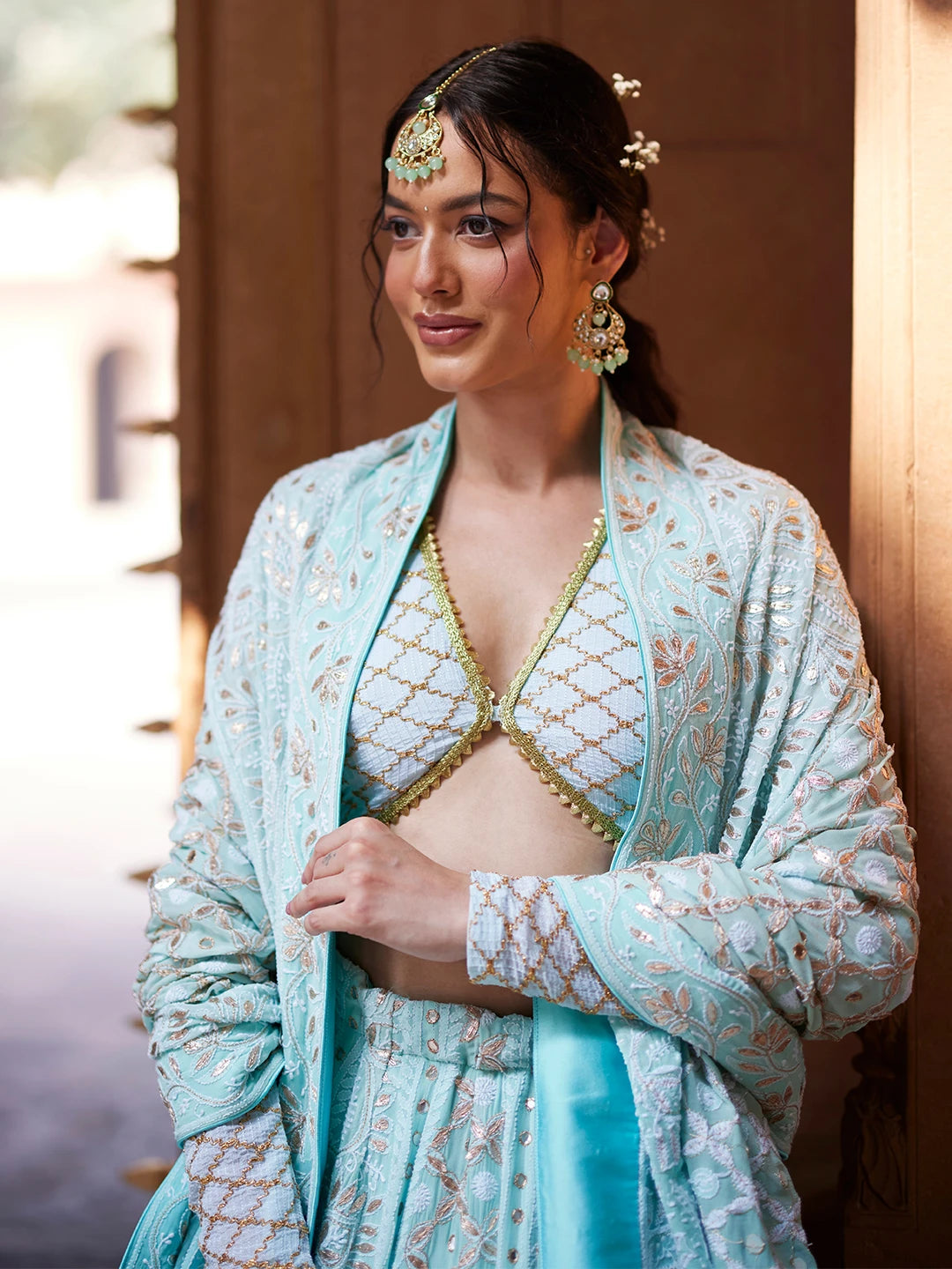 Ada Hand Embroidered Cyan Green Pure Georgette Lucknowi Chikankari Lehenga Set With Gotta Patti Work 01A403556