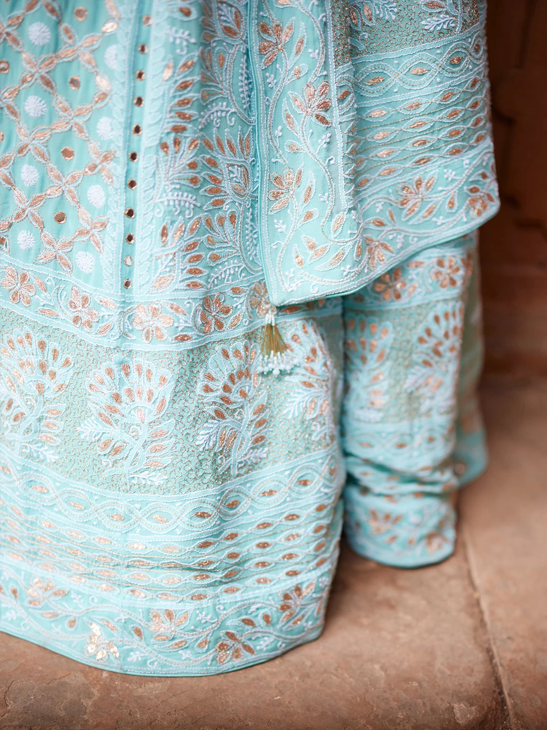 Ada Hand Embroidered Cyan Green Pure Georgette Lucknowi Chikankari Lehenga Set With Gotta Patti Work 01A403556