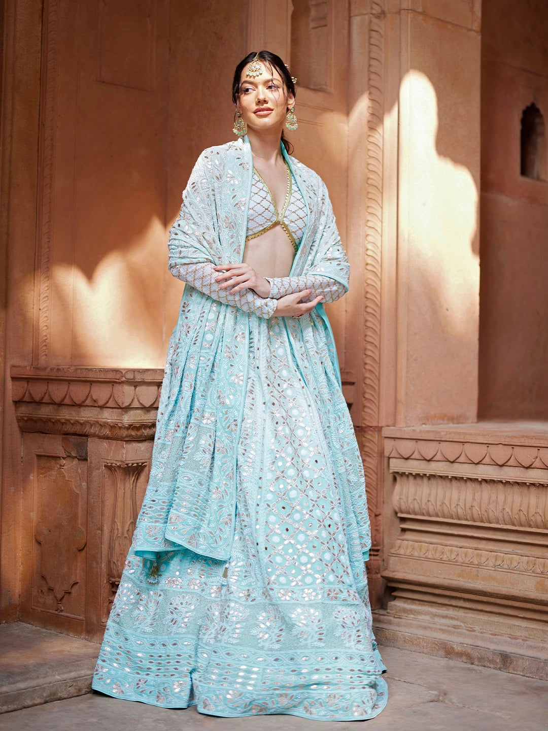 Ada Hand Embroidered Cyan Green Pure Georgette Lucknowi Chikankari Lehenga Set With Gotta Patti Work 01A403556