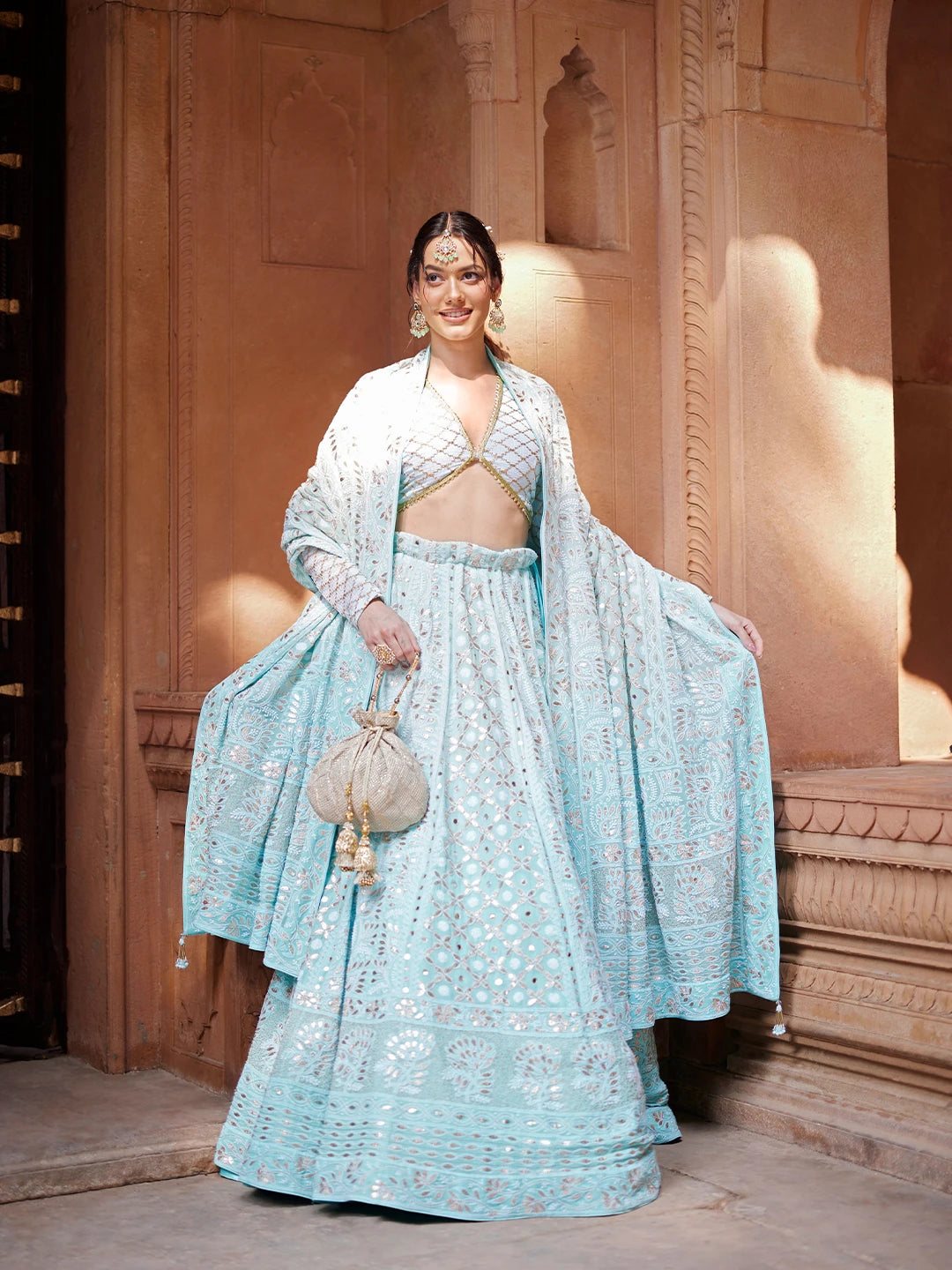 Ada Hand Embroidered Cyan Green Pure Georgette Lucknowi Chikankari Lehenga Set With Gotta Patti Work 01A403556