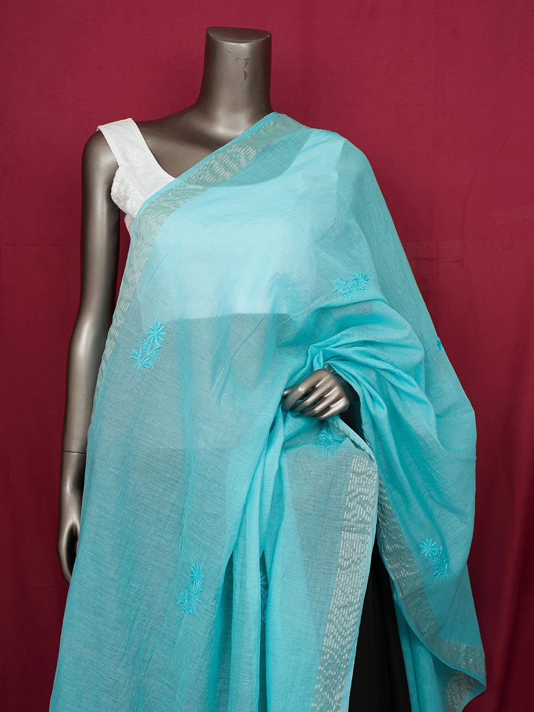 Ada Hand Embroidered Bondi Blue Chanderi Lucknowi Chikankari Dupatta 01A632572