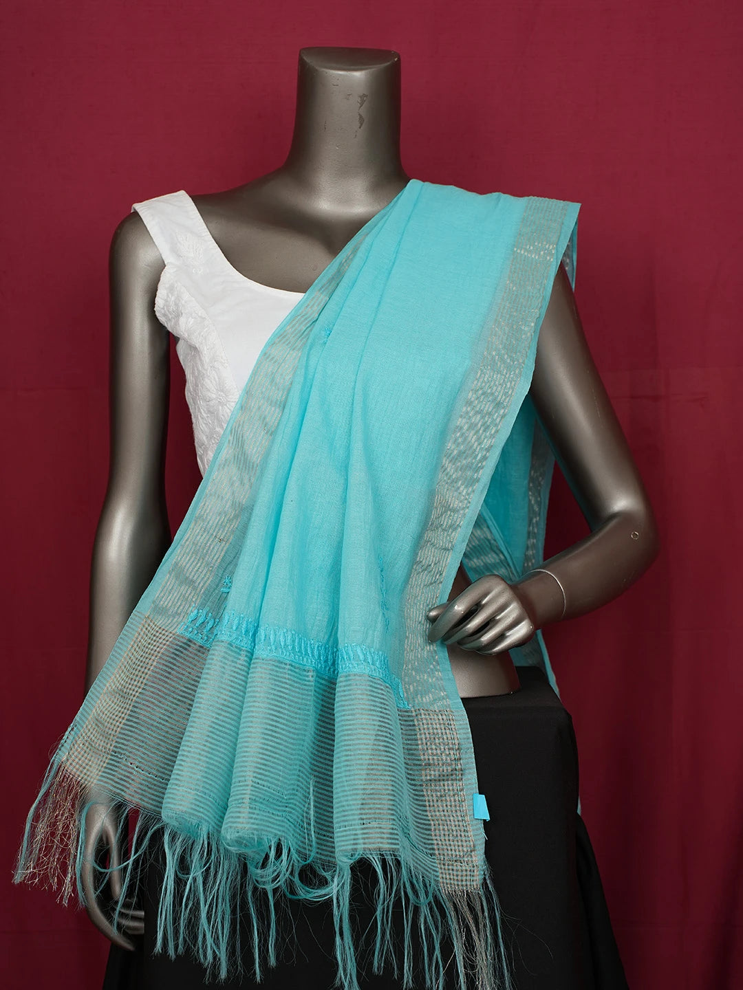 Ada Hand Embroidered Bondi Blue Chanderi Lucknowi Chikankari Dupatta 01A632572