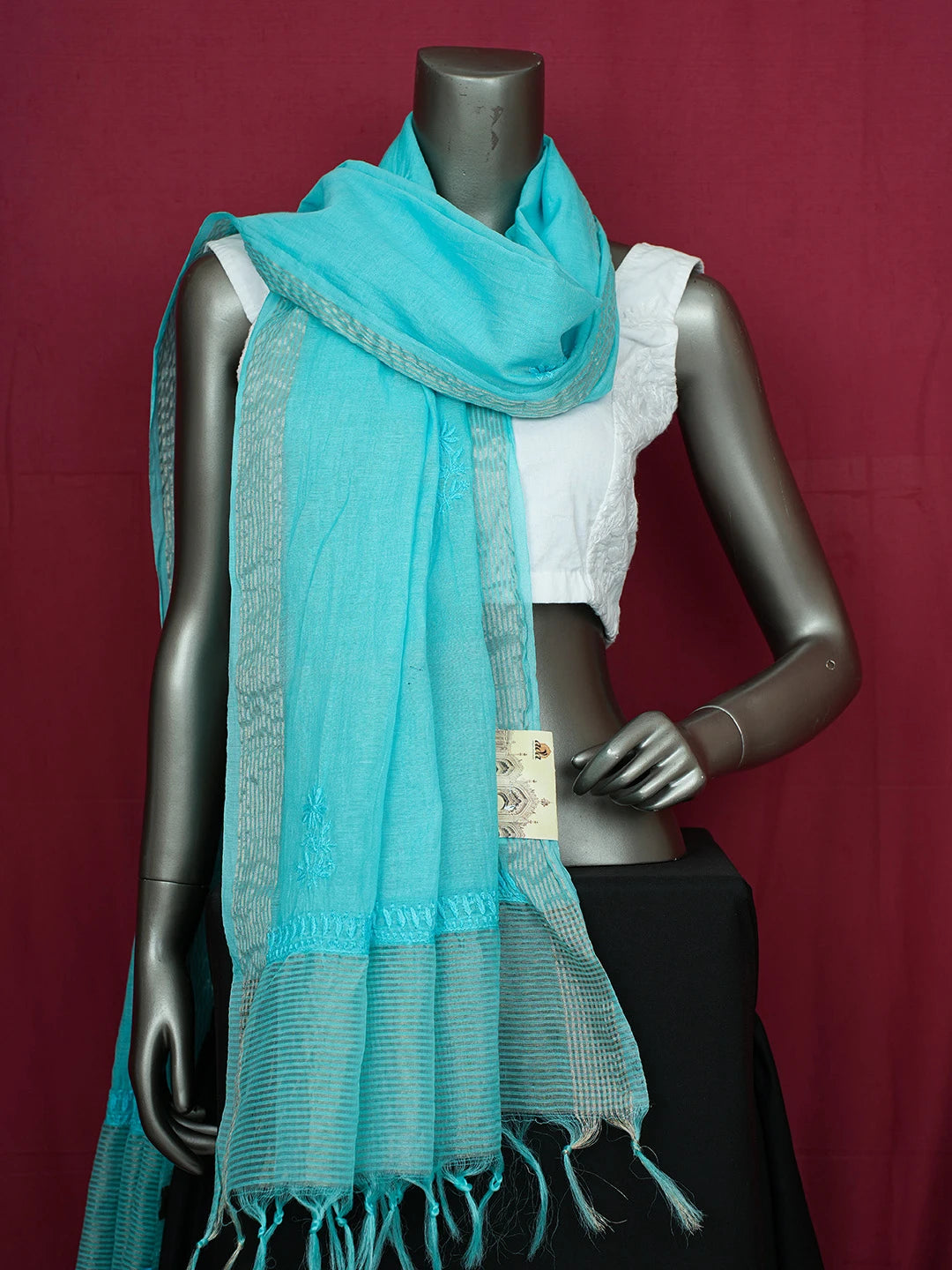 Ada Hand Embroidered Bondi Blue Chanderi Lucknowi Chikankari Dupatta 01A632572