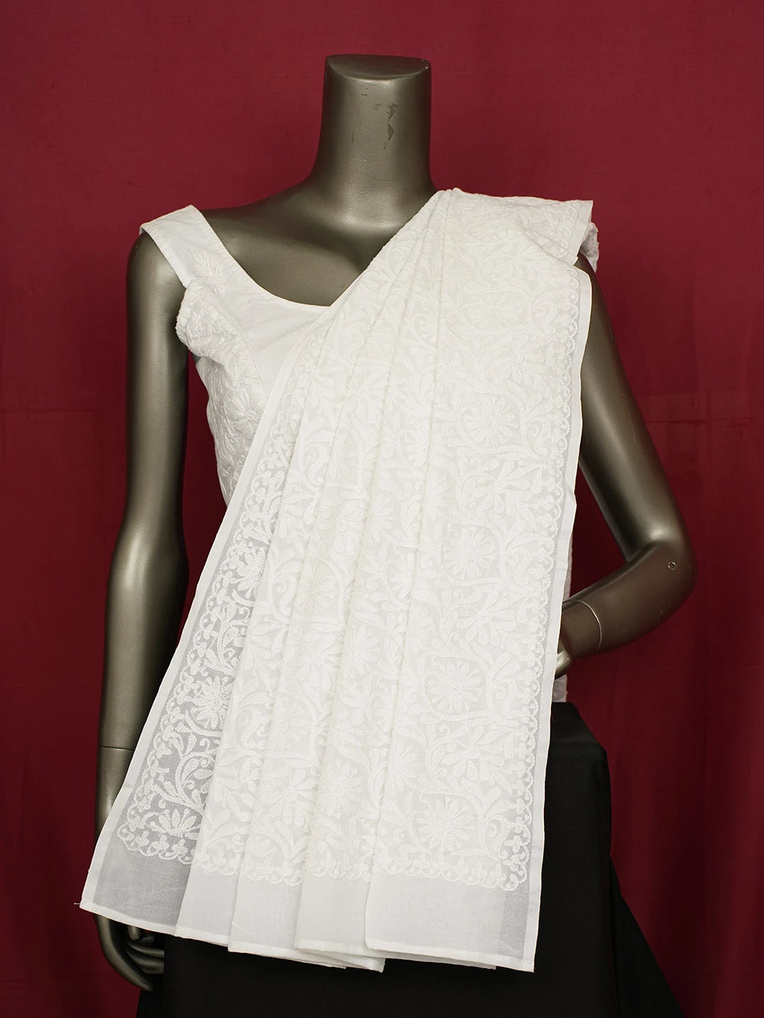 Ada Hand Embroidered White Cotton Lucknowi Chikankari Dupatta 01A484758