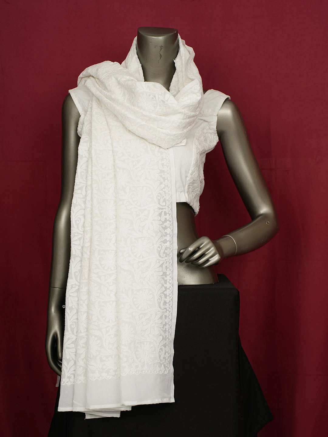 Ada Hand Embroidered White Cotton Lucknowi Chikankari Dupatta 01A484758
