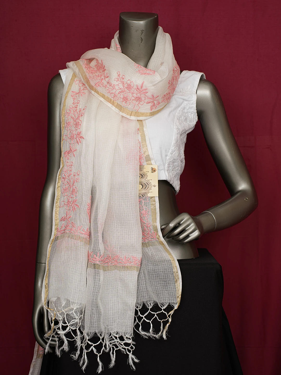 Ada Hand Embroidered White Kota Silk Lucknowi Chikankari Dupatta 01A680647