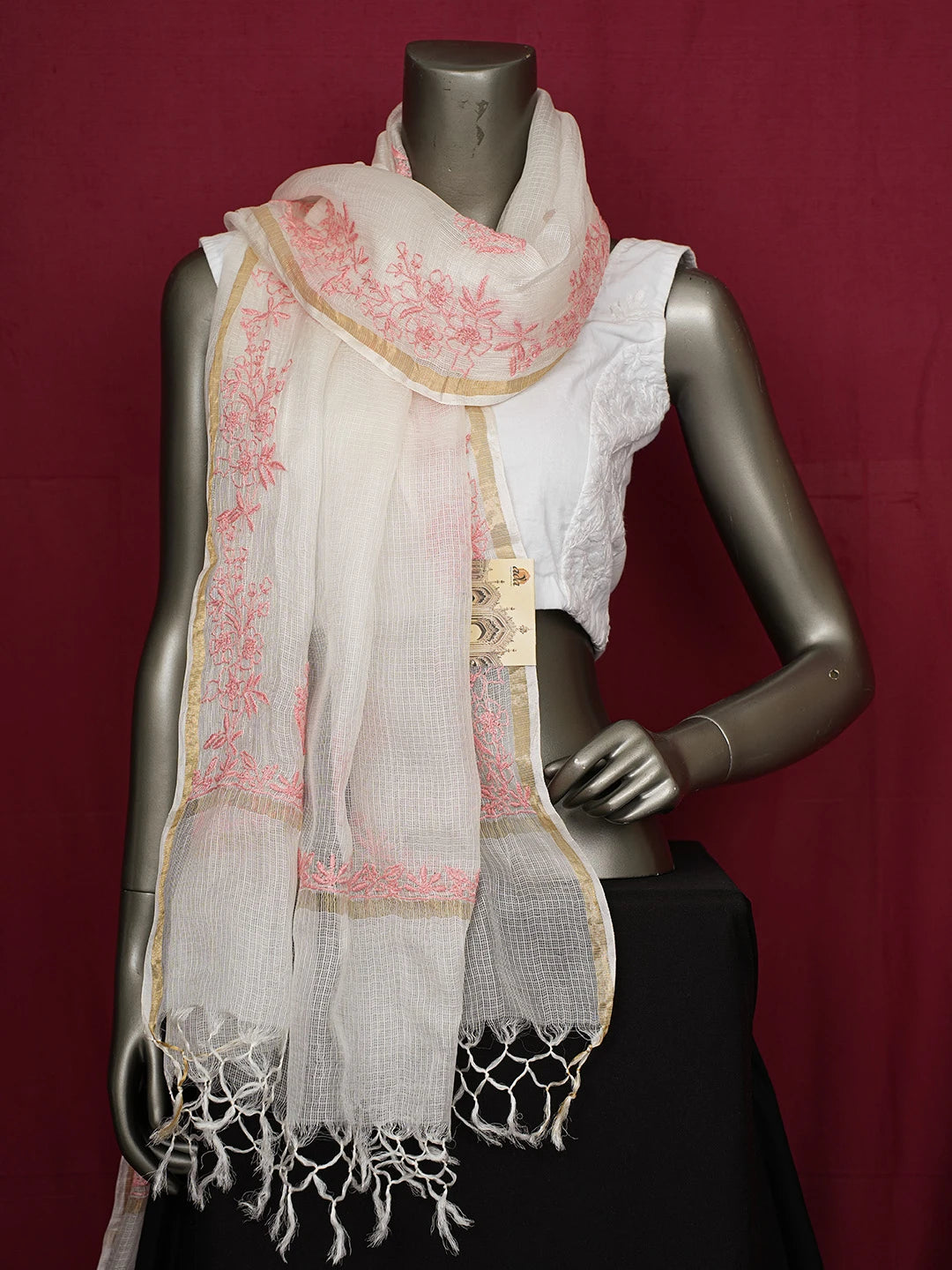 Ada Hand Embroidered White Kota Silk Lucknowi Chikankari Dupatta 01A680647