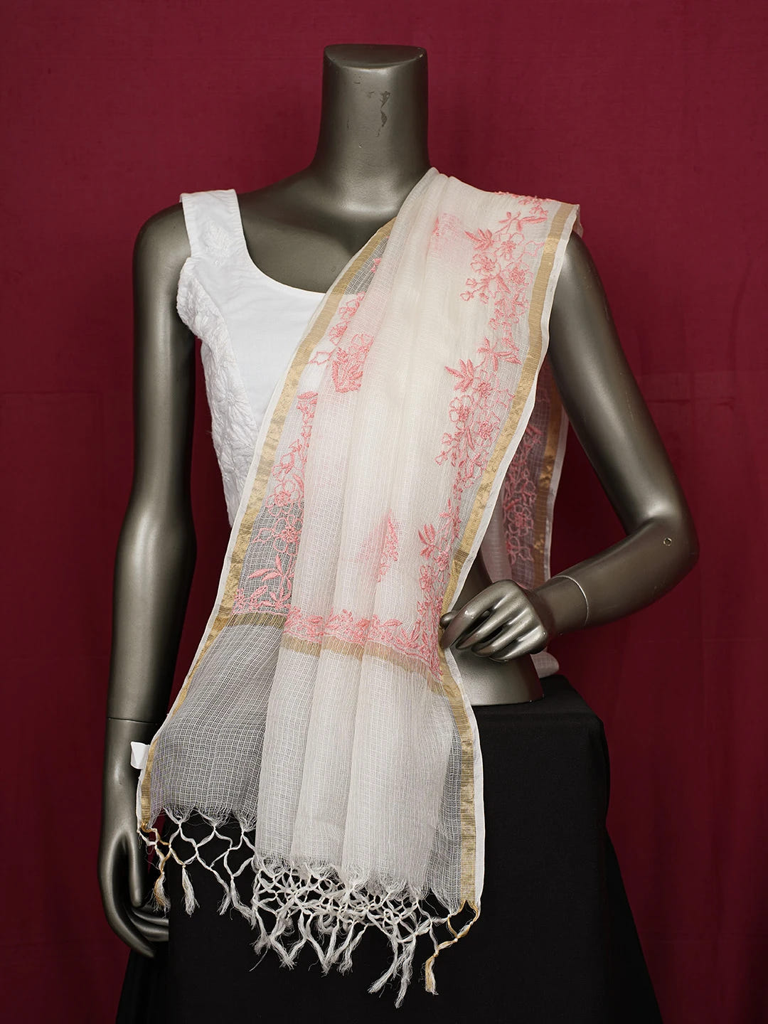 Ada Hand Embroidered White Kota Silk Lucknowi Chikankari Dupatta 01A680647