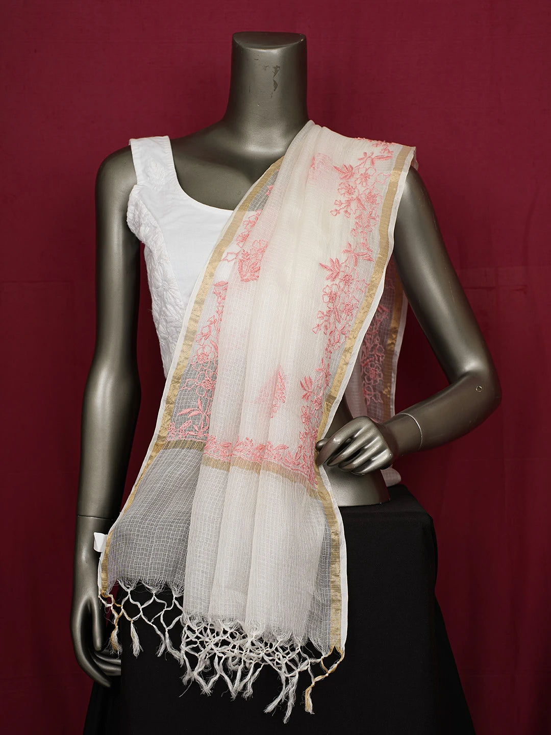 Ada Hand Embroidered White Kota Silk Lucknowi Chikankari Dupatta 01A680647