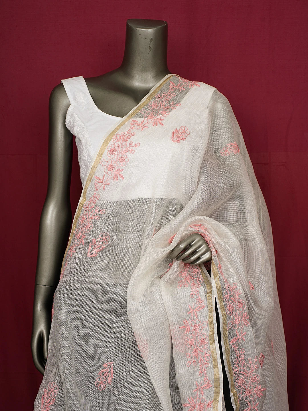 Ada Hand Embroidered White Kota Silk Lucknowi Chikankari Dupatta 01A680647