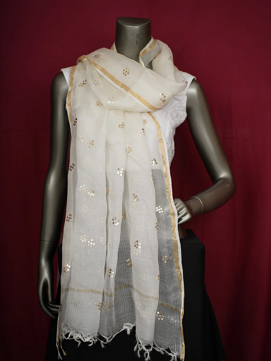 Ada Hand Embroidered White Kota Silk Lucknowi Chikankari Dupatta With Mukaish Work 01A706653