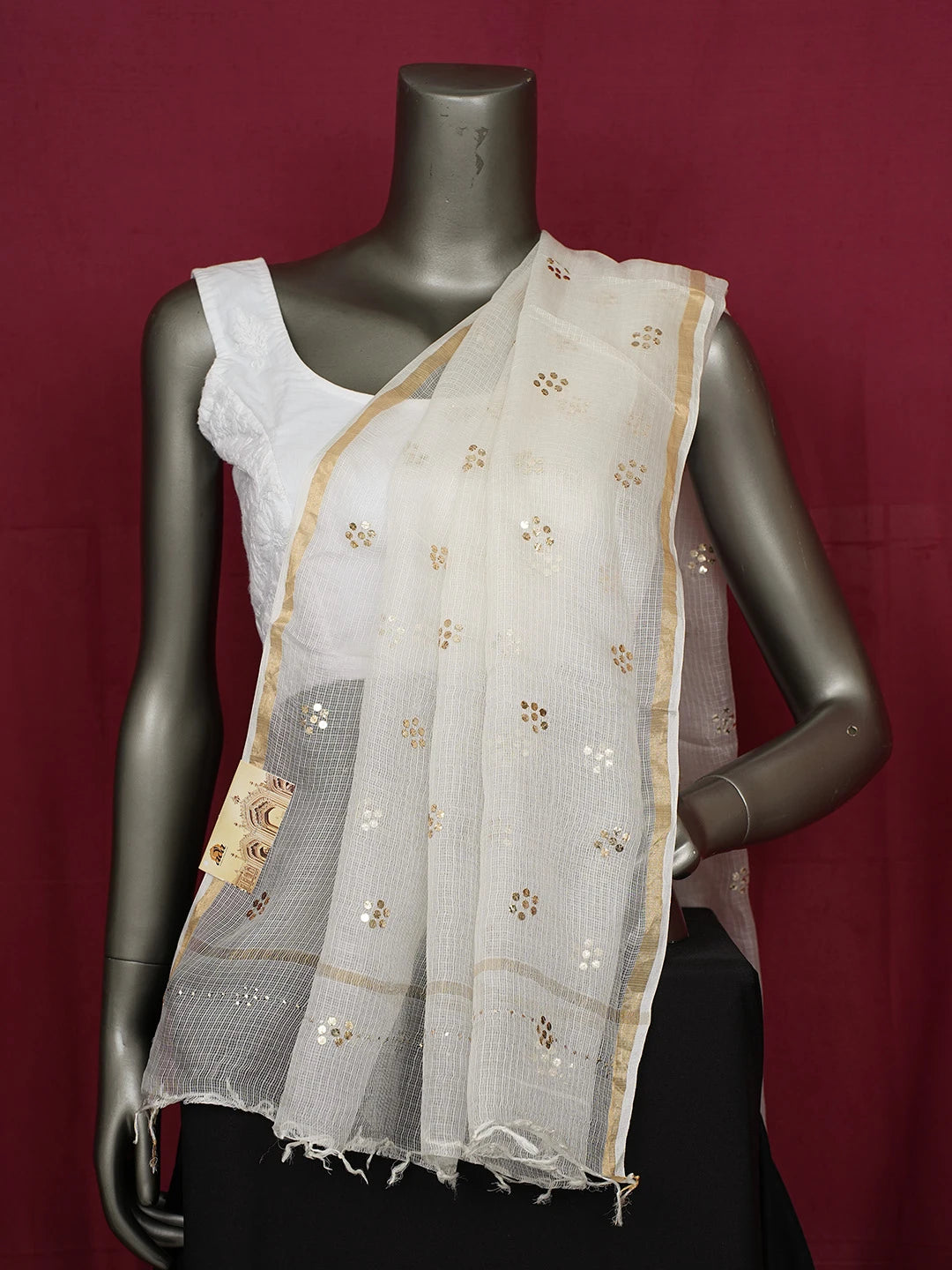Ada Hand Embroidered White Kota Silk Lucknowi Chikankari Dupatta With Mukaish Work 01A706653
