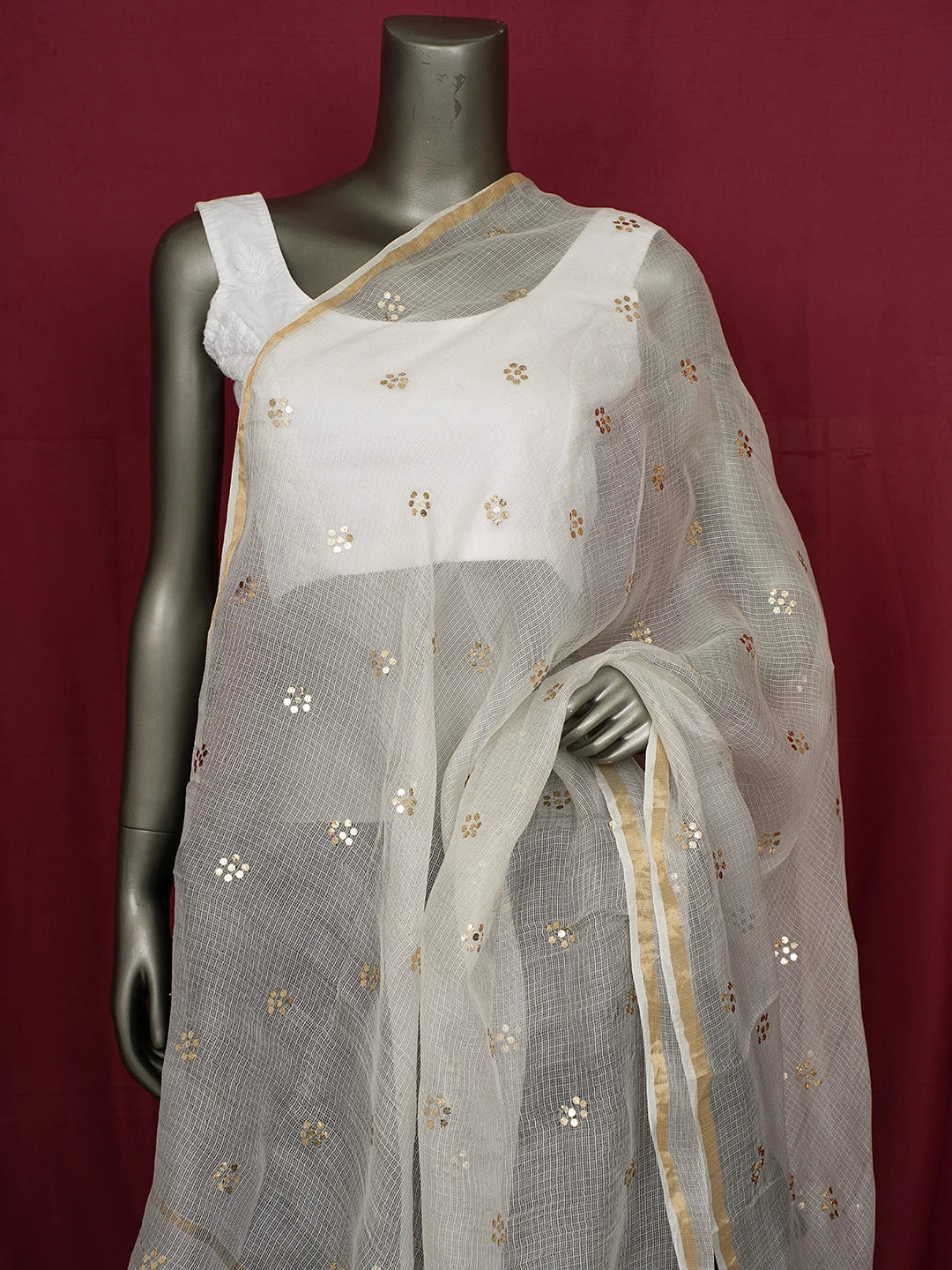 Ada Hand Embroidered White Kota Silk Lucknowi Chikankari Dupatta With Mukaish Work 01A706653