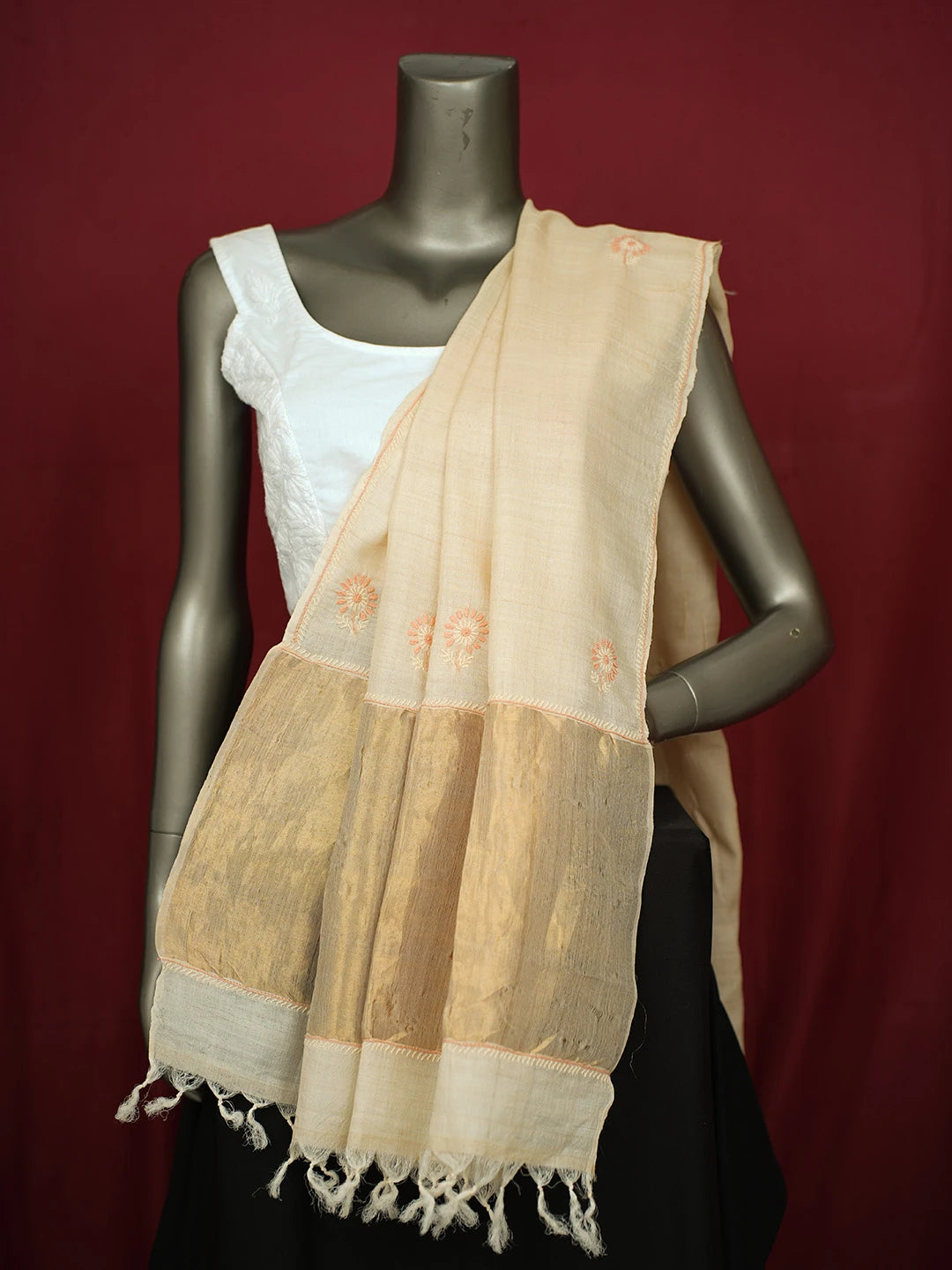 Ada Hand Embroidered Fawn Silk Lucknowi Chikankari Dupatta 01A217729
