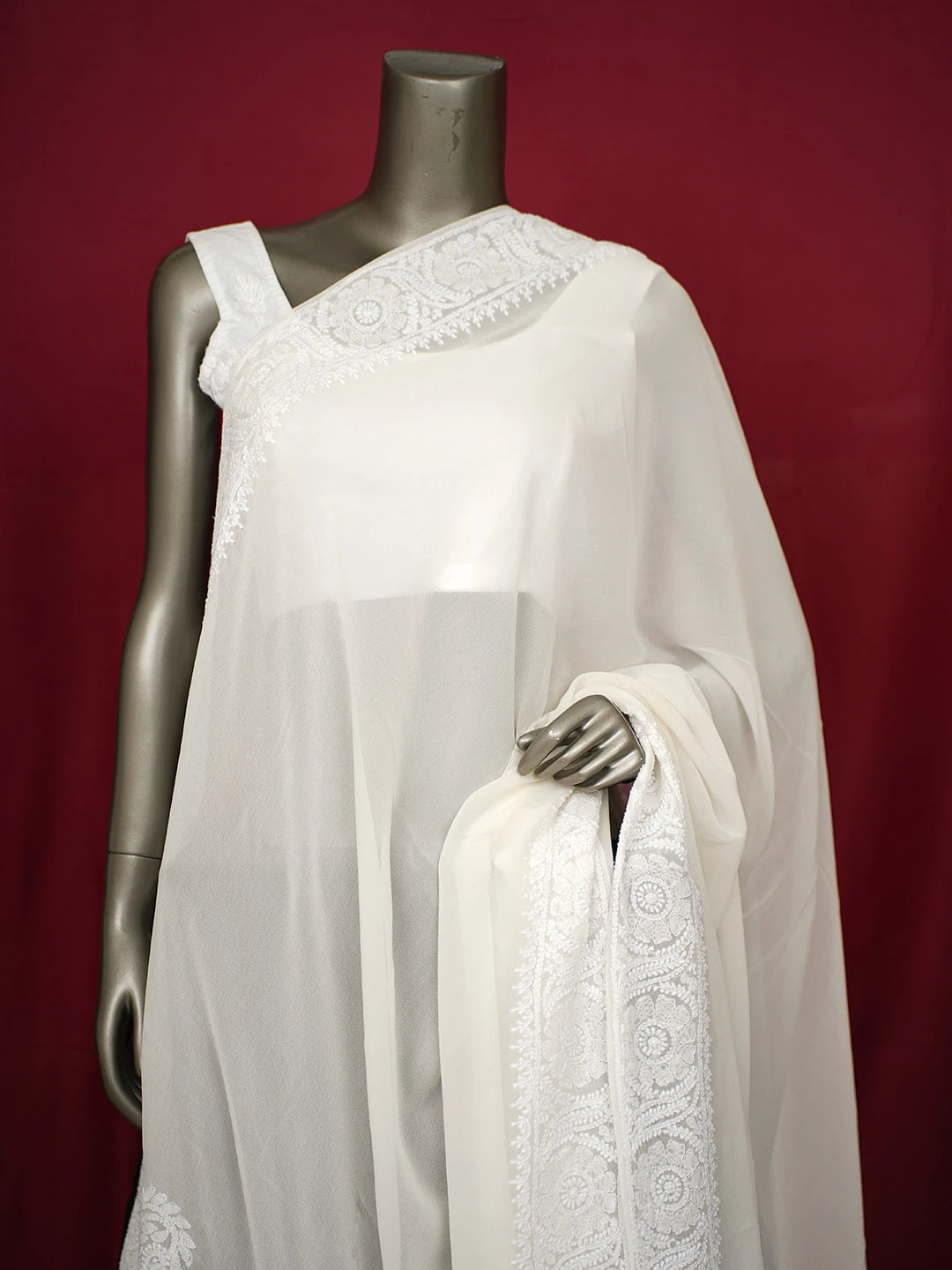Ada Hand Embroidered White Pure Georgette Lucknowi Chikankari Dupatta 01A651925