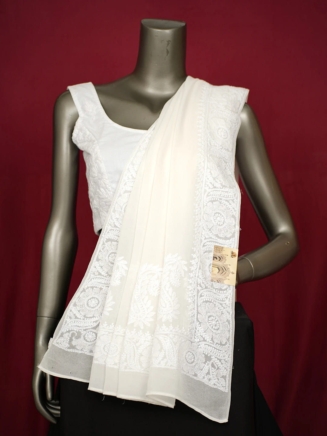 Ada Hand Embroidered White Pure Georgette Lucknowi Chikankari Dupatta 01A651925
