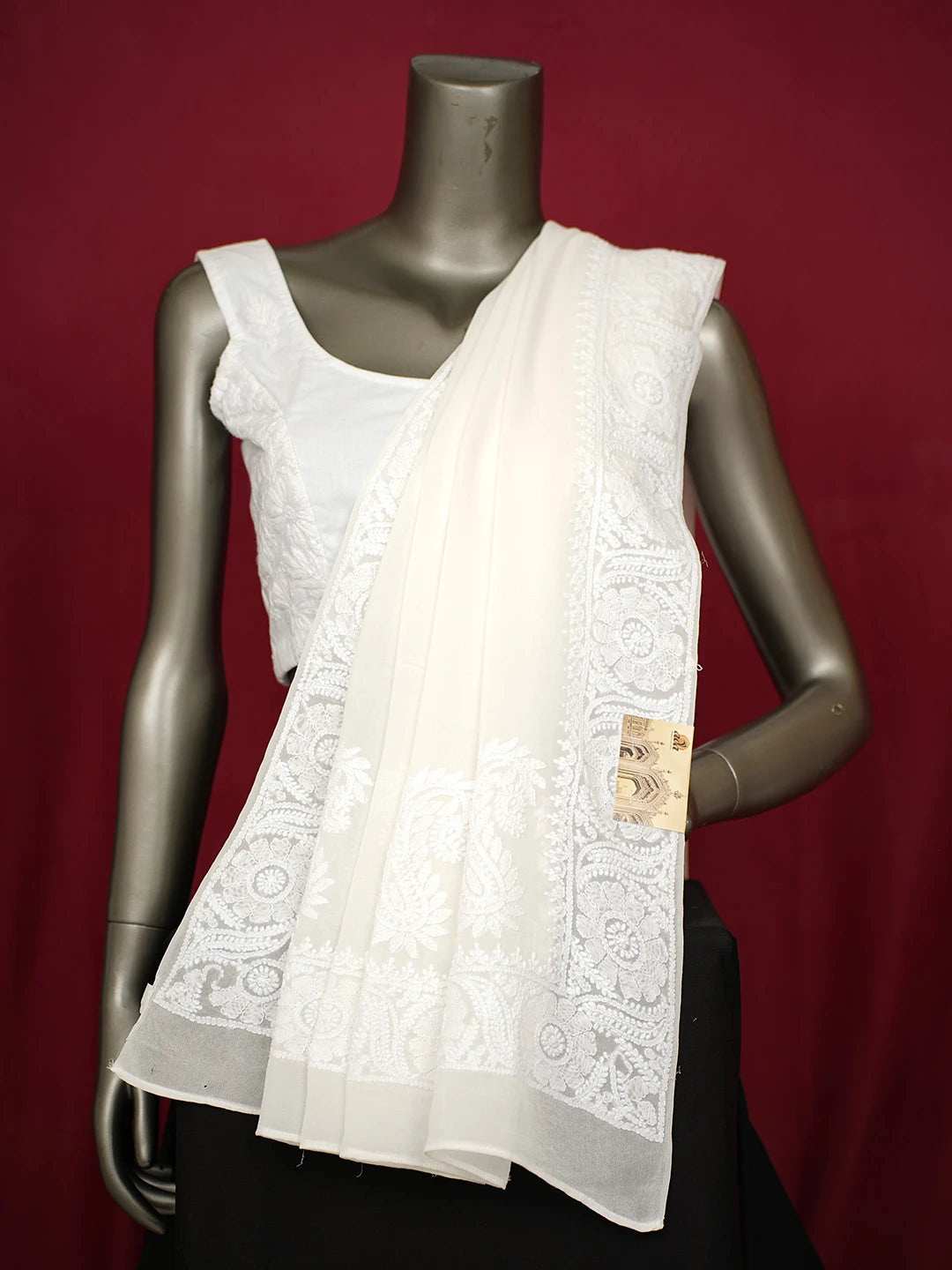 Ada Hand Embroidered White Pure Georgette Lucknowi Chikankari Dupatta 01A651925