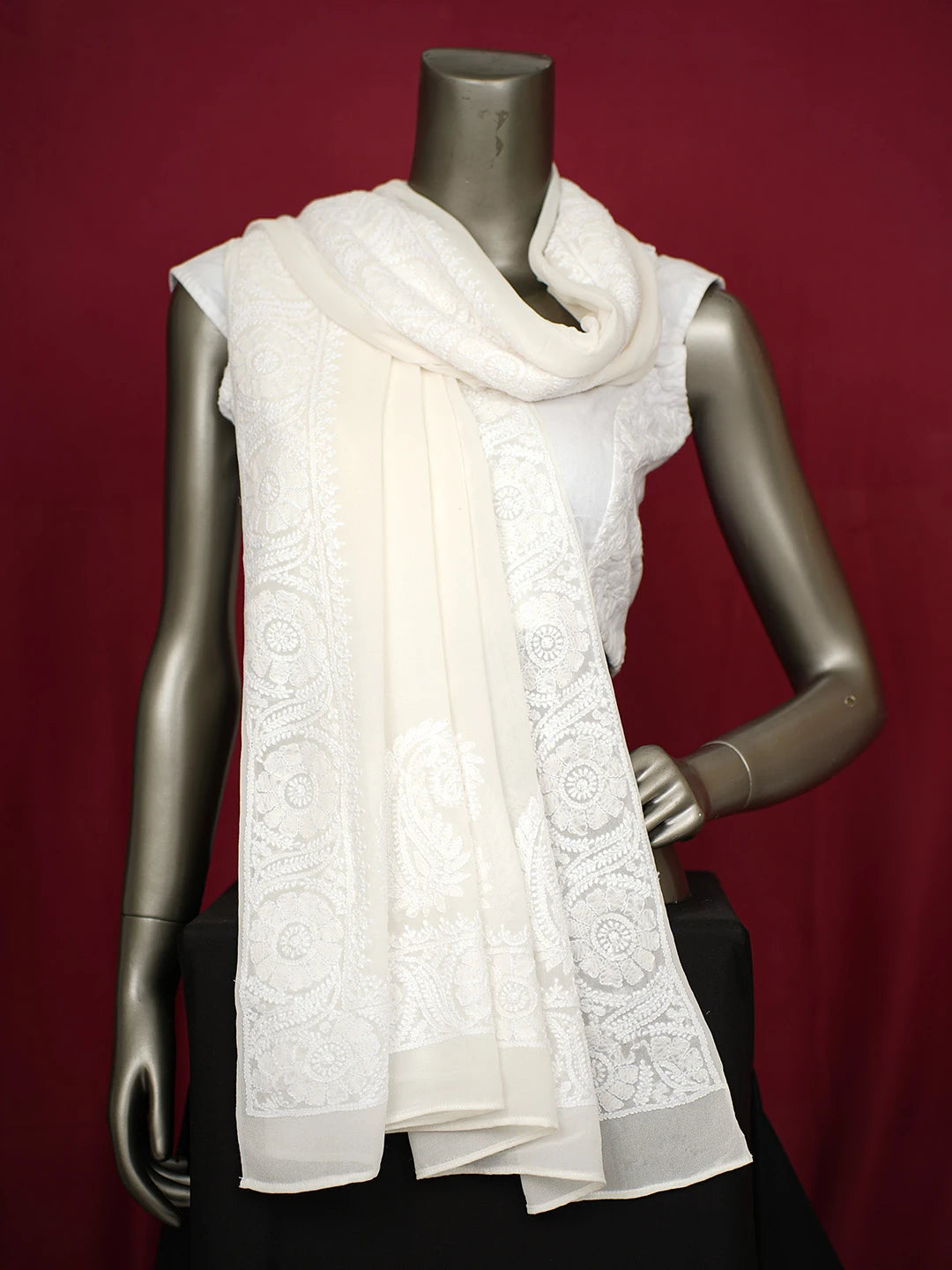 Ada Hand Embroidered White Pure Georgette Lucknowi Chikankari Dupatta 01A651925