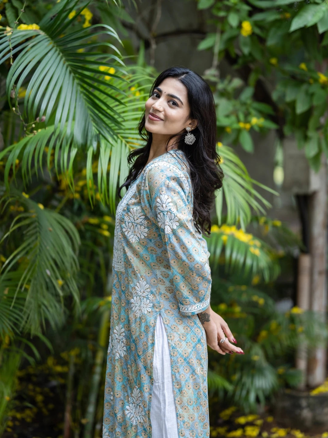 Ada Hand Embroidered Printed Sea Green Mulmul Cotton Lucknowi Chikankari Straight Kurta A411647