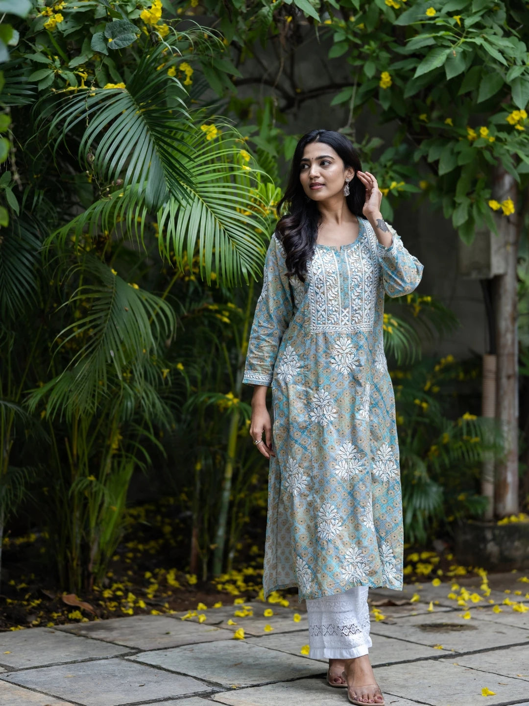 Ada Hand Embroidered Printed Sea Green Mulmul Cotton Lucknowi Chikankari Straight Kurta A411647