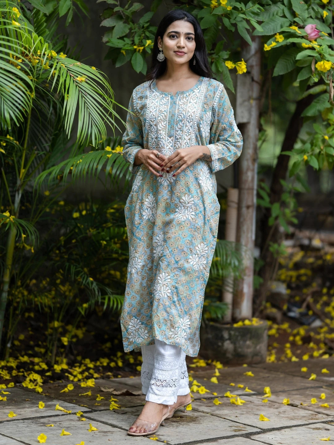Ada Hand Embroidered Printed Sea Green Mulmul Cotton Lucknowi Chikankari Straight Kurta A411647