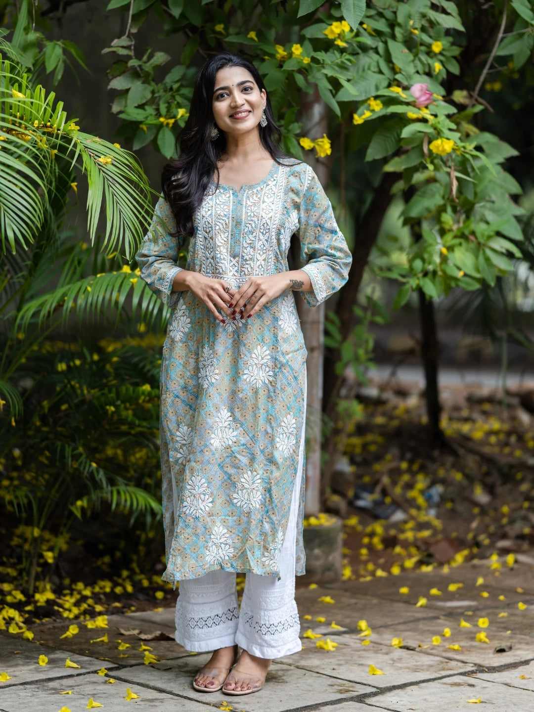 Ada Hand Embroidered Printed Sea Green Mulmul Cotton Lucknowi Chikankari Straight Kurta A411647