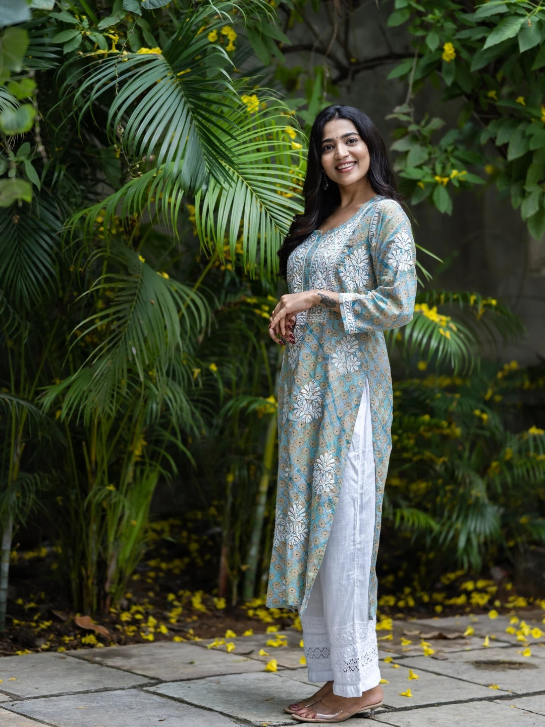 Ada Hand Embroidered Printed Sea Green Mulmul Cotton Lucknowi Chikankari Straight Kurta A411647
