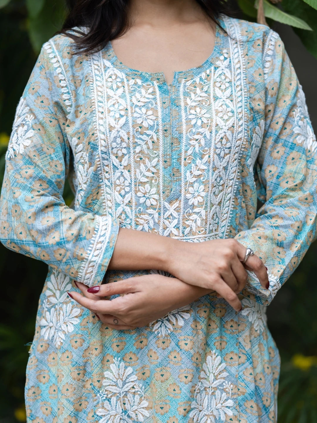 Ada Hand Embroidered Printed Sea Green Mulmul Cotton Lucknowi Chikankari Straight Kurta A411647