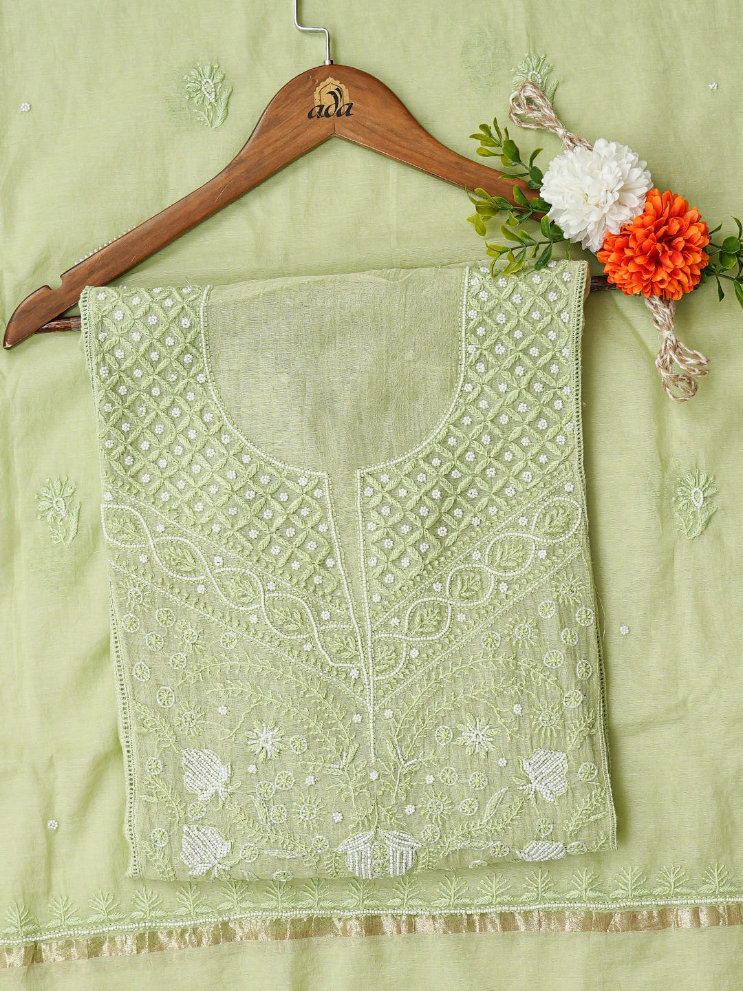 Ada Hand Embroidered Pista Green Chanderi Lucknowi Chikankari Semi-Stitched Kurta Dupatta Set With Cutdana Work 01A710899