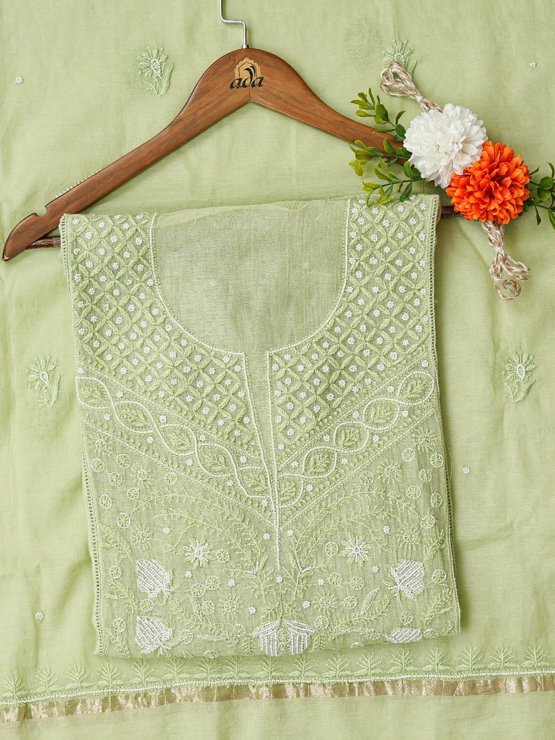 Ada Hand Embroidered Pista Green Chanderi Lucknowi Chikankari Semi-Stitched Kurta Dupatta Set With Cutdana Work 01A710899