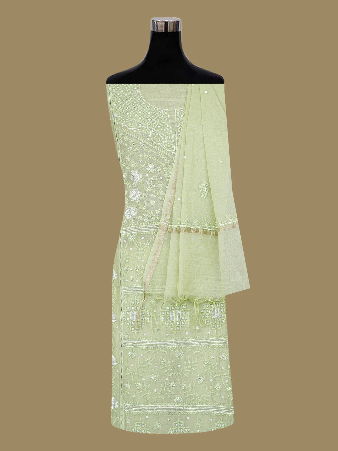 Ada Hand Embroidered Pista Green Chanderi Lucknowi Chikankari Semi-Stitched Kurta Dupatta Set With Cutdana Work 01A710899