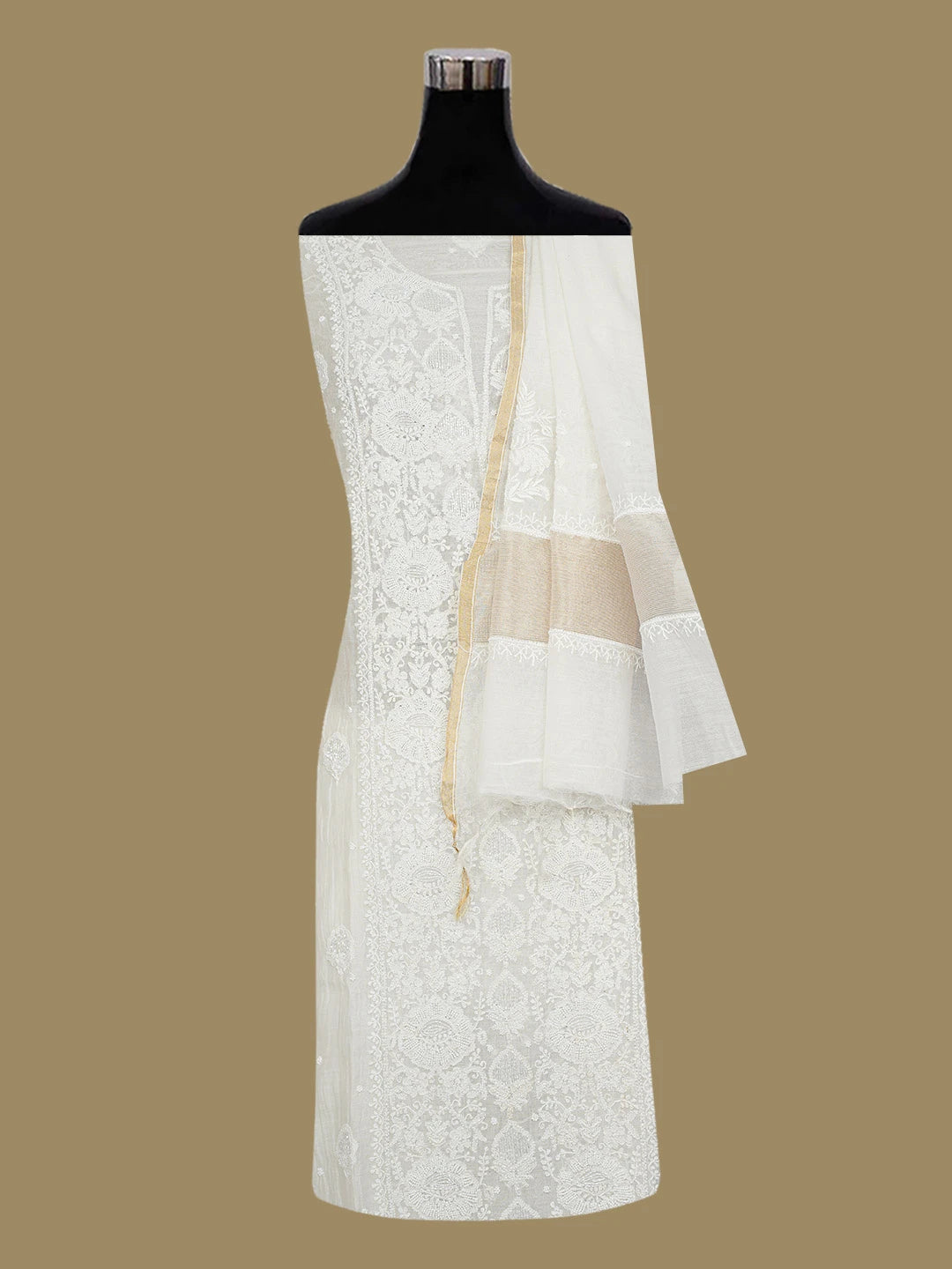 Ada Hand Embroidered White Chanderi Lucknowi Chikankari Semi-stitched Kurta Dupatta Set With Cutdana Work 01A719540
