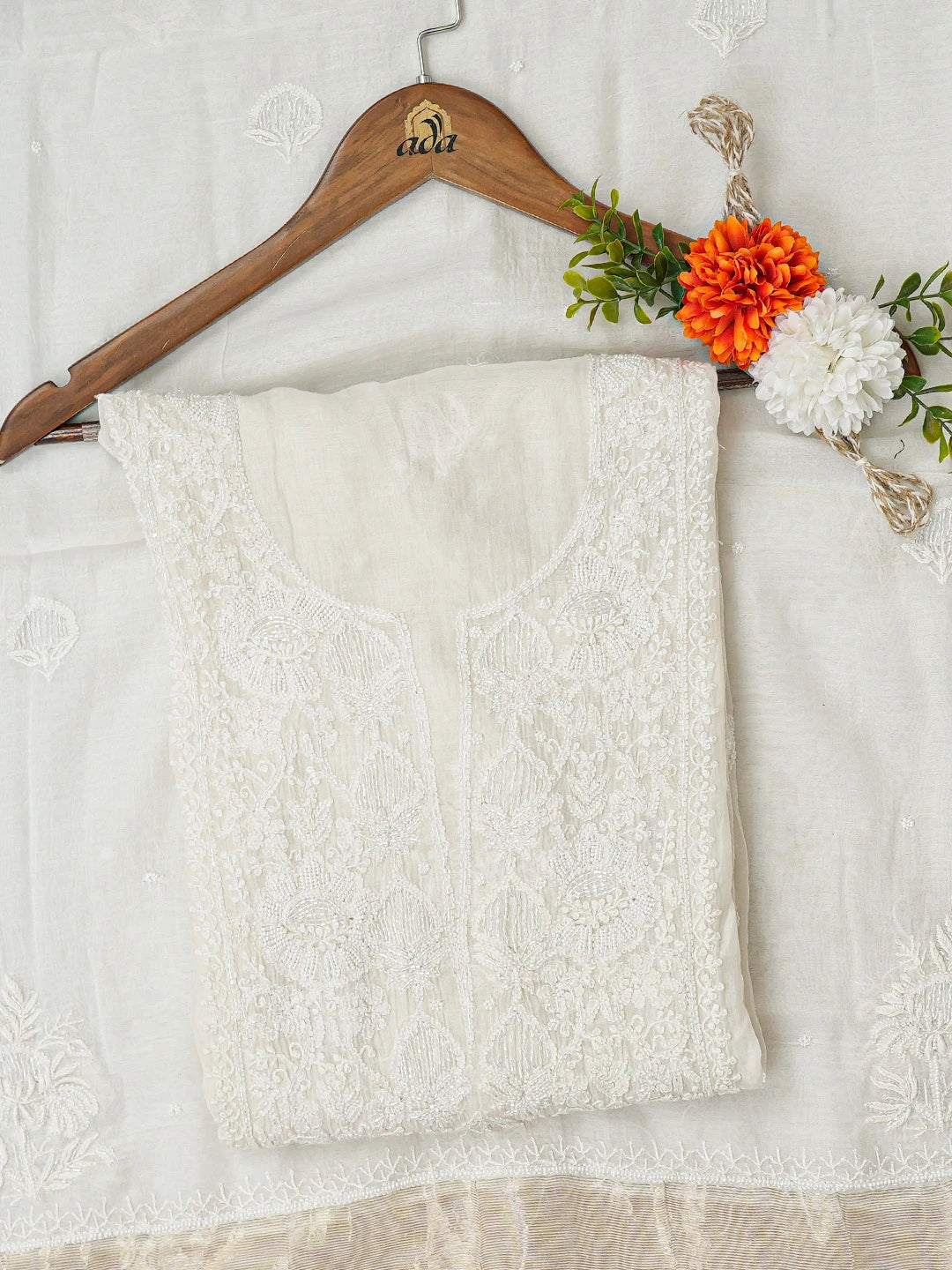 Ada Hand Embroidered White Chanderi Lucknowi Chikankari Semi-stitched Kurta Dupatta Set With Cutdana Work 01A719540