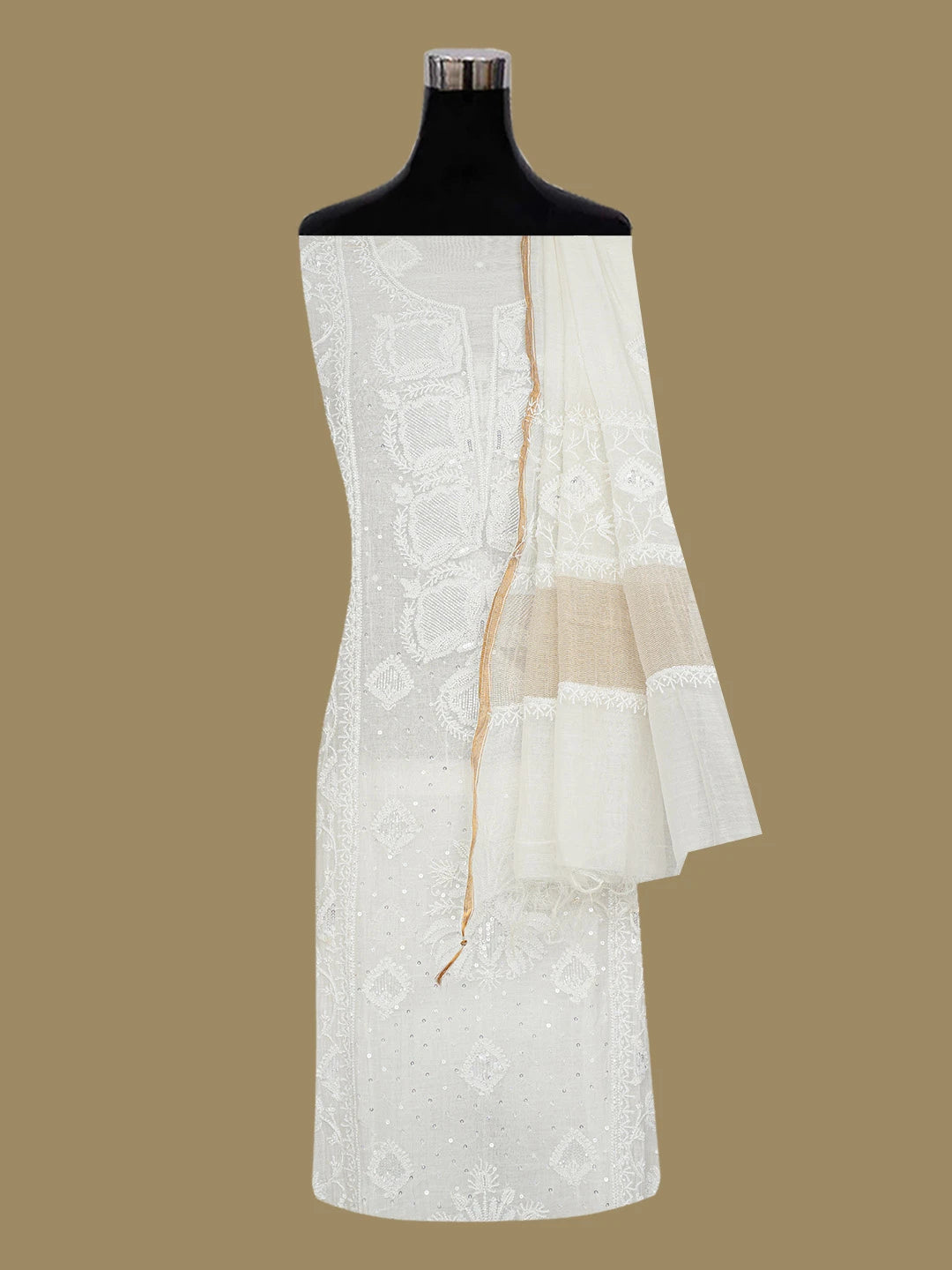 Ada Hand Embroidered White Chanderi Lucknowi Chikankari Semi-stitched Kurta Dupatta Set With Cutdana Work 01A719667