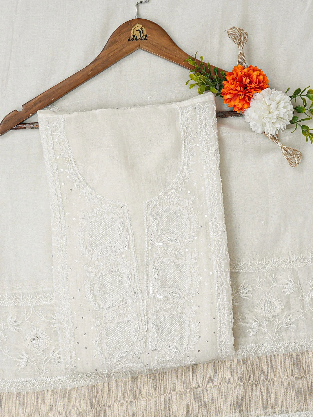 Ada Hand Embroidered White Chanderi Lucknowi Chikankari Semi-stitched Kurta Dupatta Set With Cutdana Work 01A719667