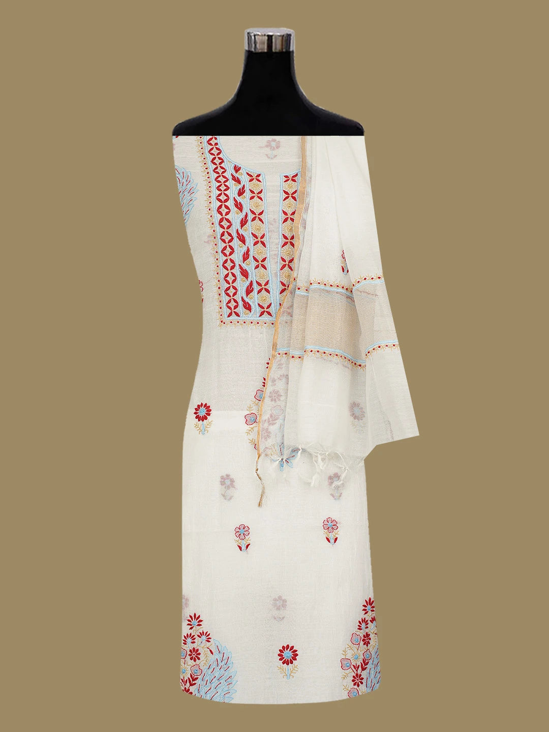 Ada Hand Embroidered White Chanderi Lucknowi Chikankari Unstitched Kurta Dupatta Set 01A719694