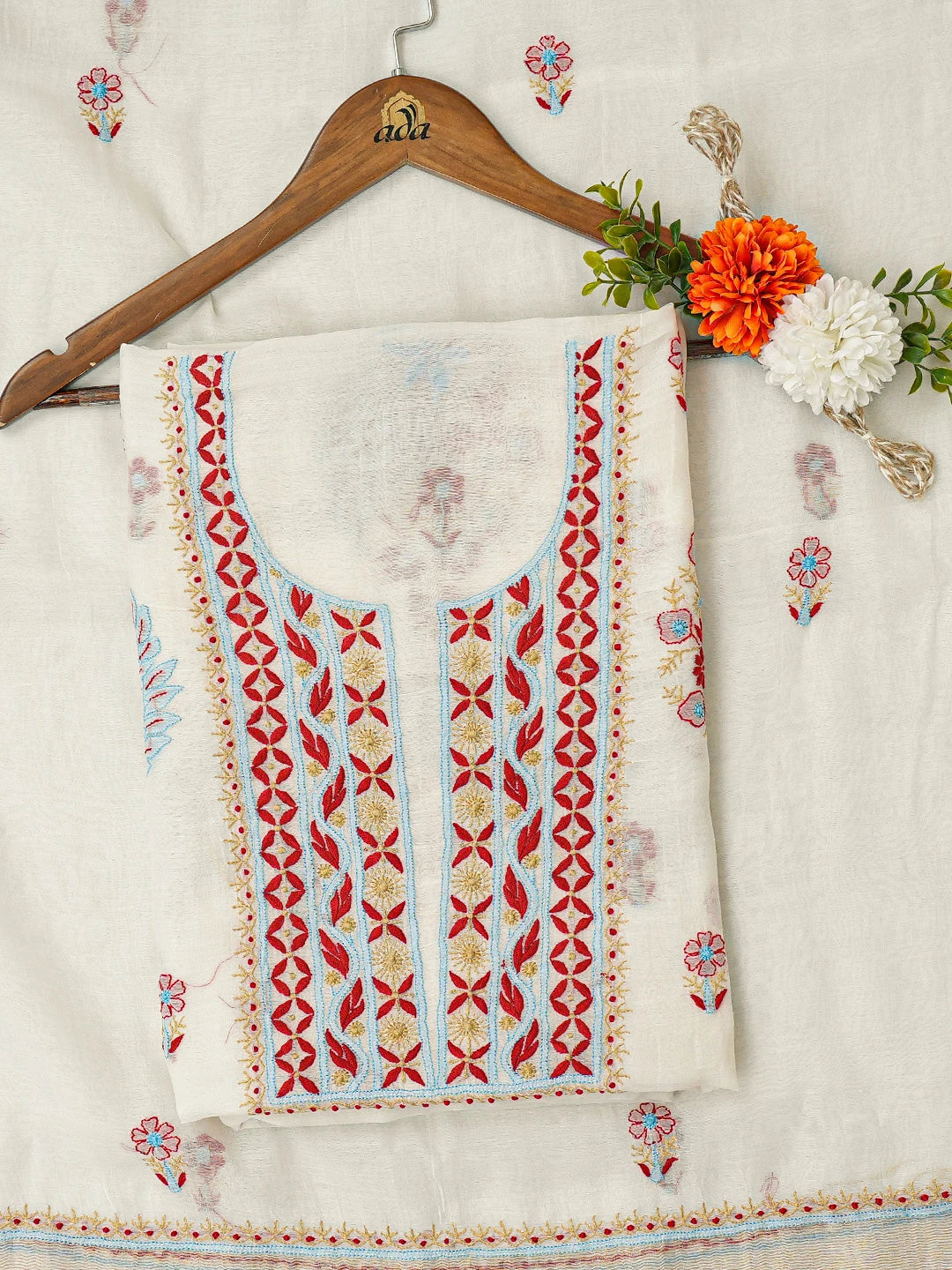 Ada Hand Embroidered White Chanderi Lucknowi Chikankari Unstitched Kurta Dupatta Set 01A719694