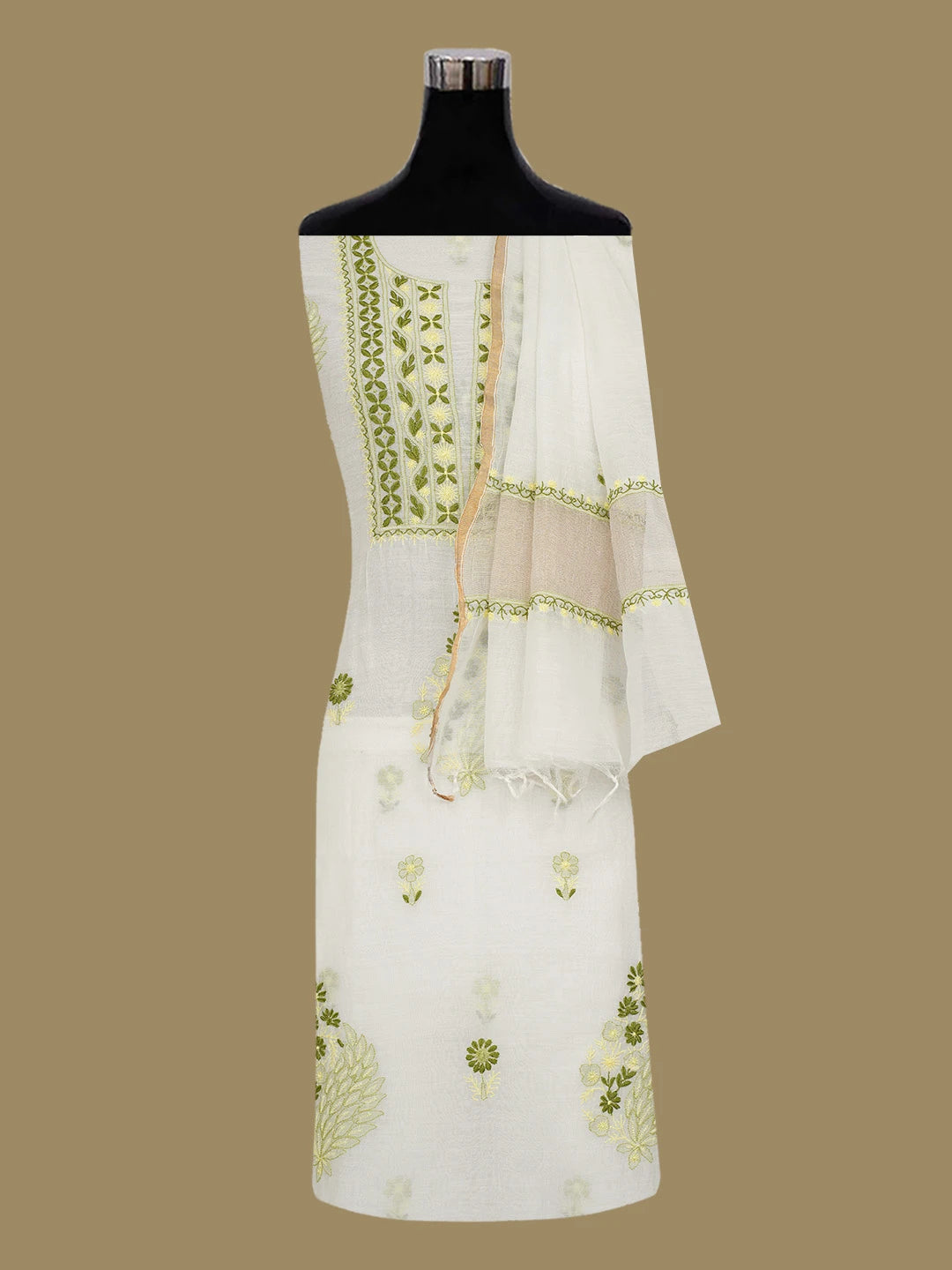 Ada Hand Embroidered White Chanderi Lucknowi Chikankari Unstitched Kurta Dupatta Set 01A719691