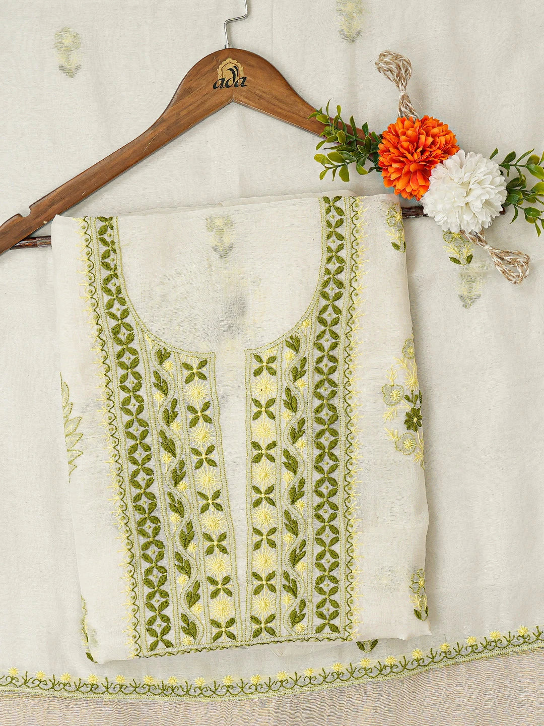 Ada Hand Embroidered White Chanderi Lucknowi Chikankari Unstitched Kurta Dupatta Set 01A719691