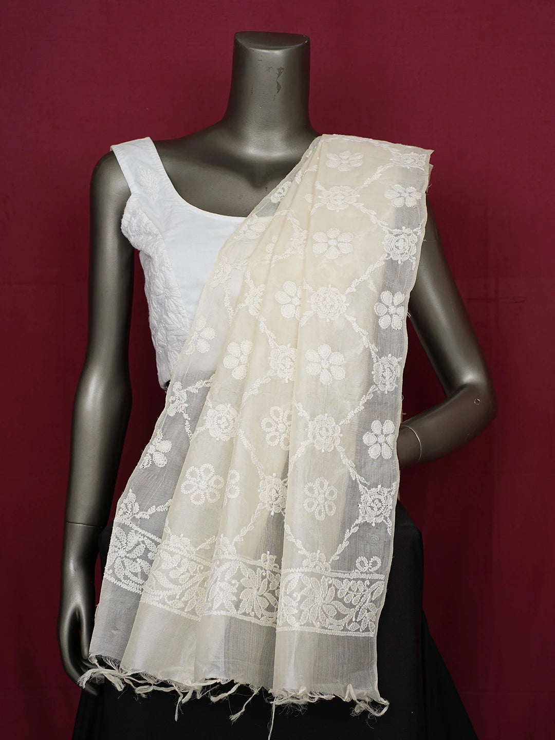 Ada Hand Embroidered White Silk Lucknowi Chikankari Dupatta 01A717550